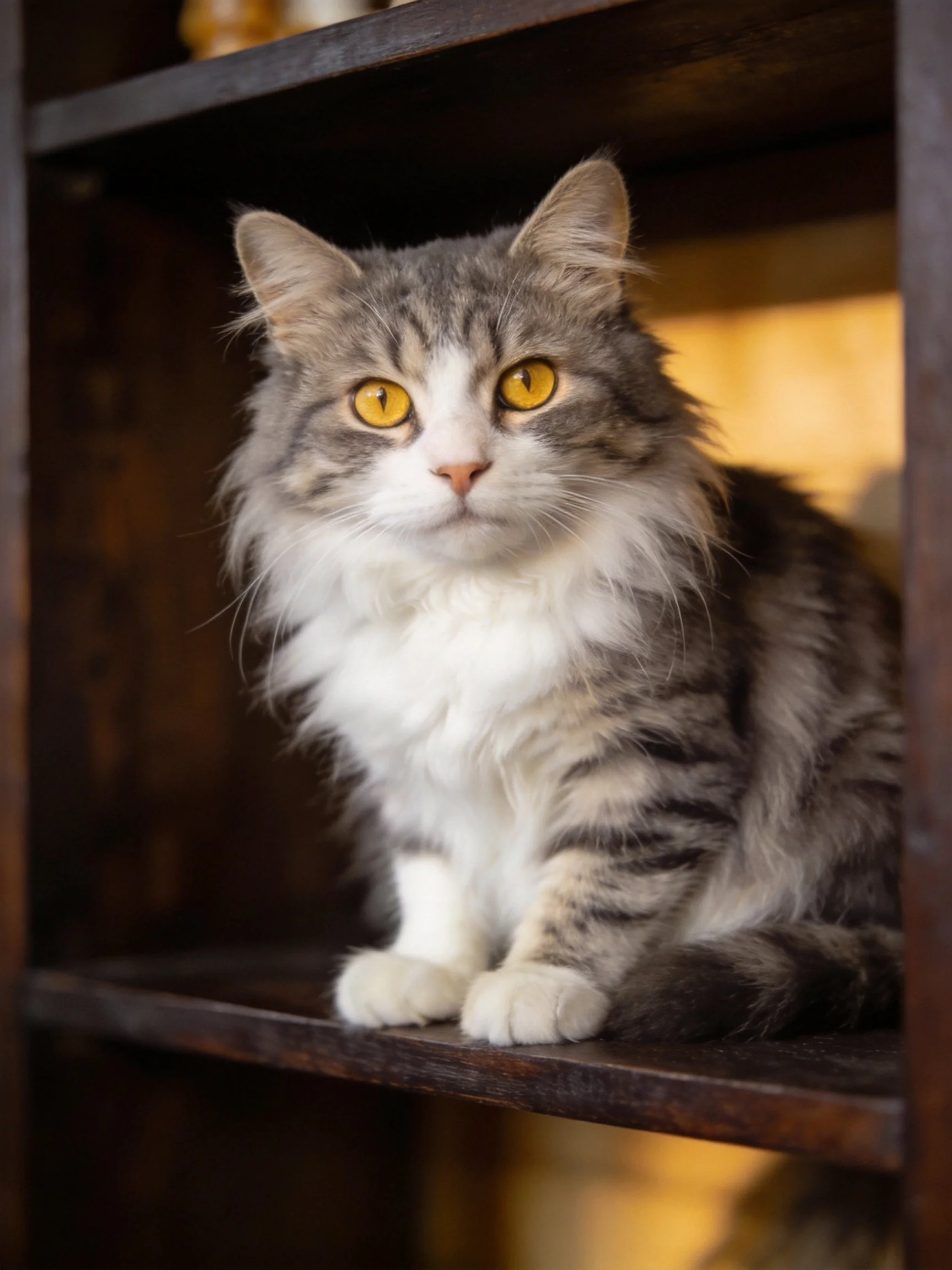 A gray-and-white cat with golden eyes rests on an aged wooden shelf.