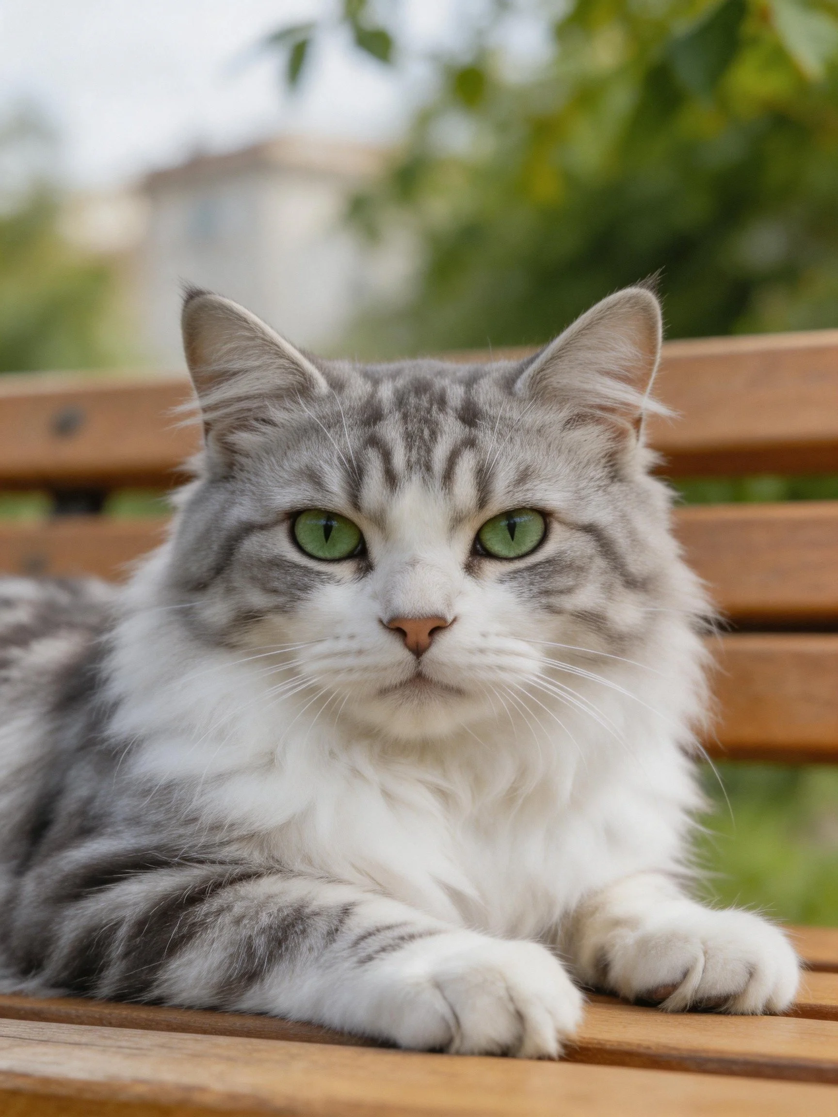 A gray-and-white cat with green eyes relaxes on a wooden bench outdoors.