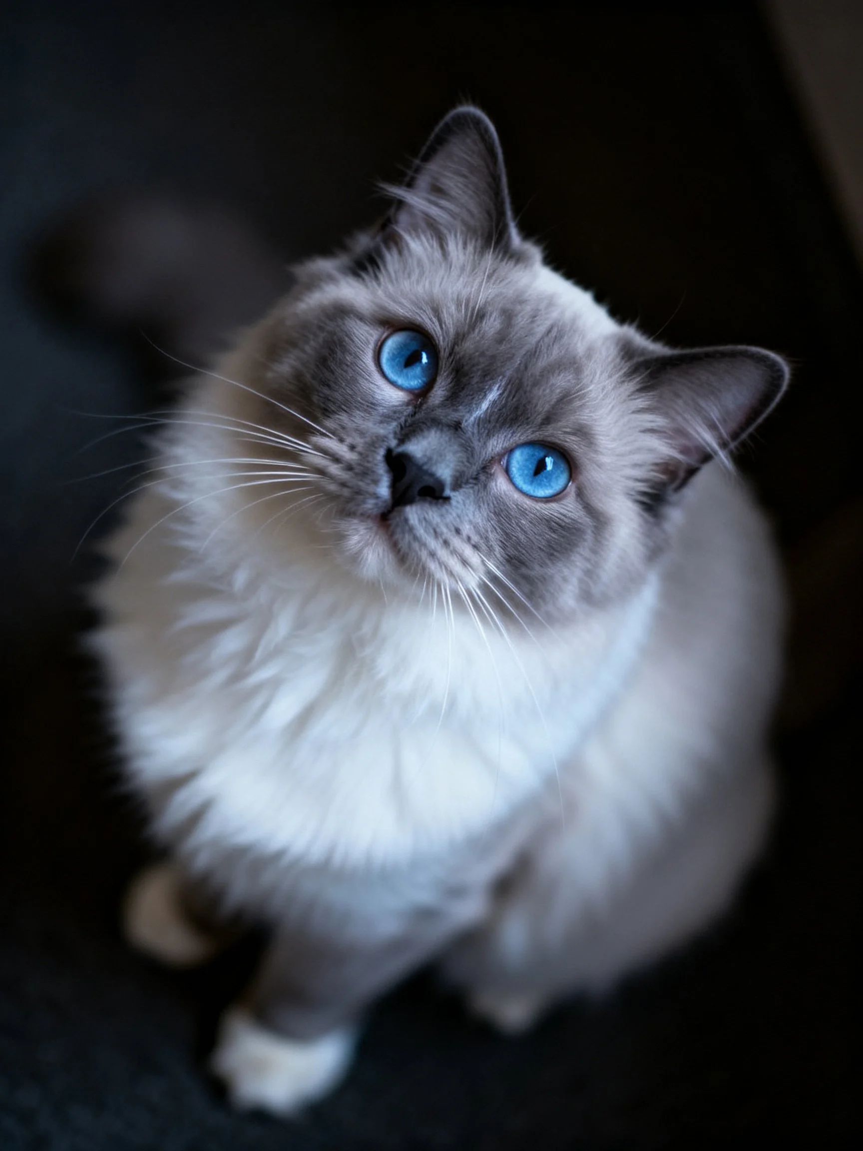 A fluffy gray-and-white cat looks upward with vivid blue eyes against a dark backdrop.