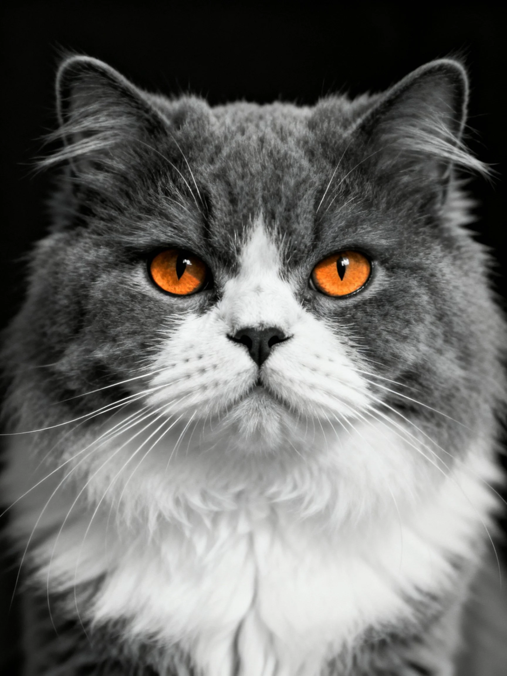 Close-up of a gray-and-white cat with vivid orange eyes against a black backdrop.