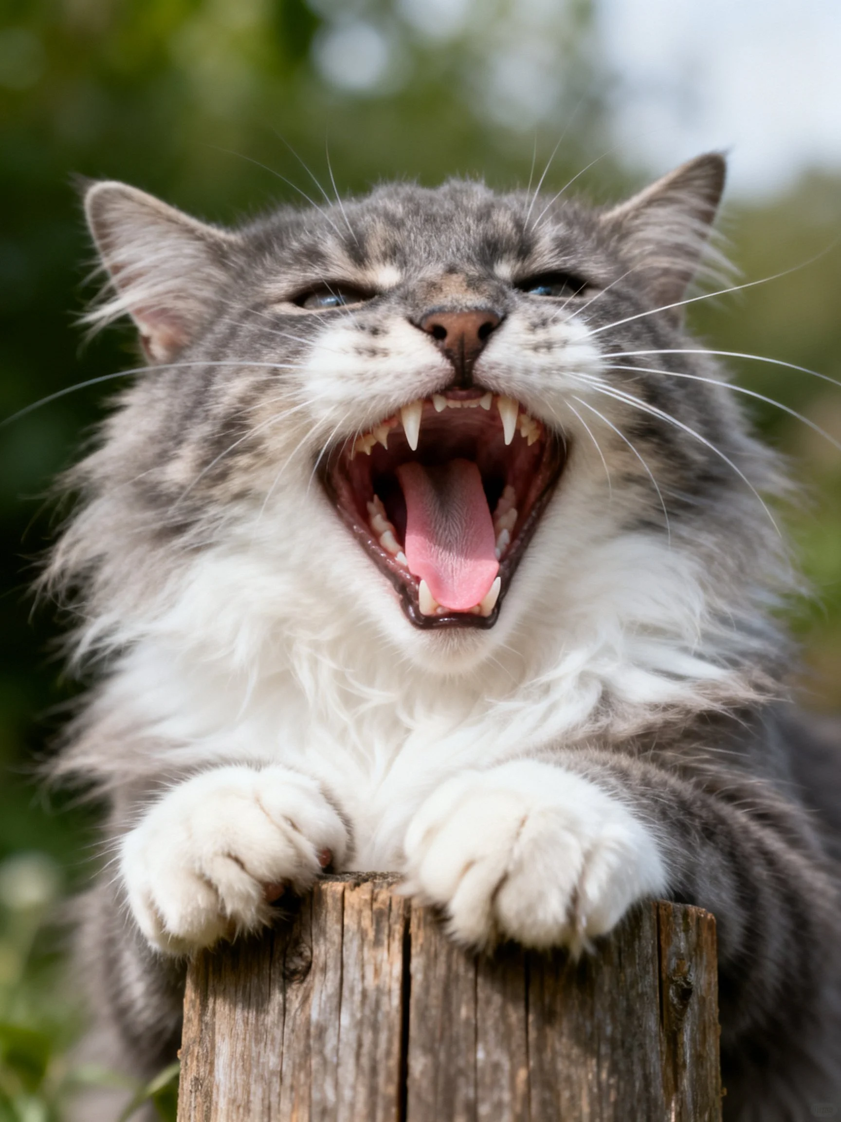 A fluffy gray and white cat yawns widely atop a weathered wooden post