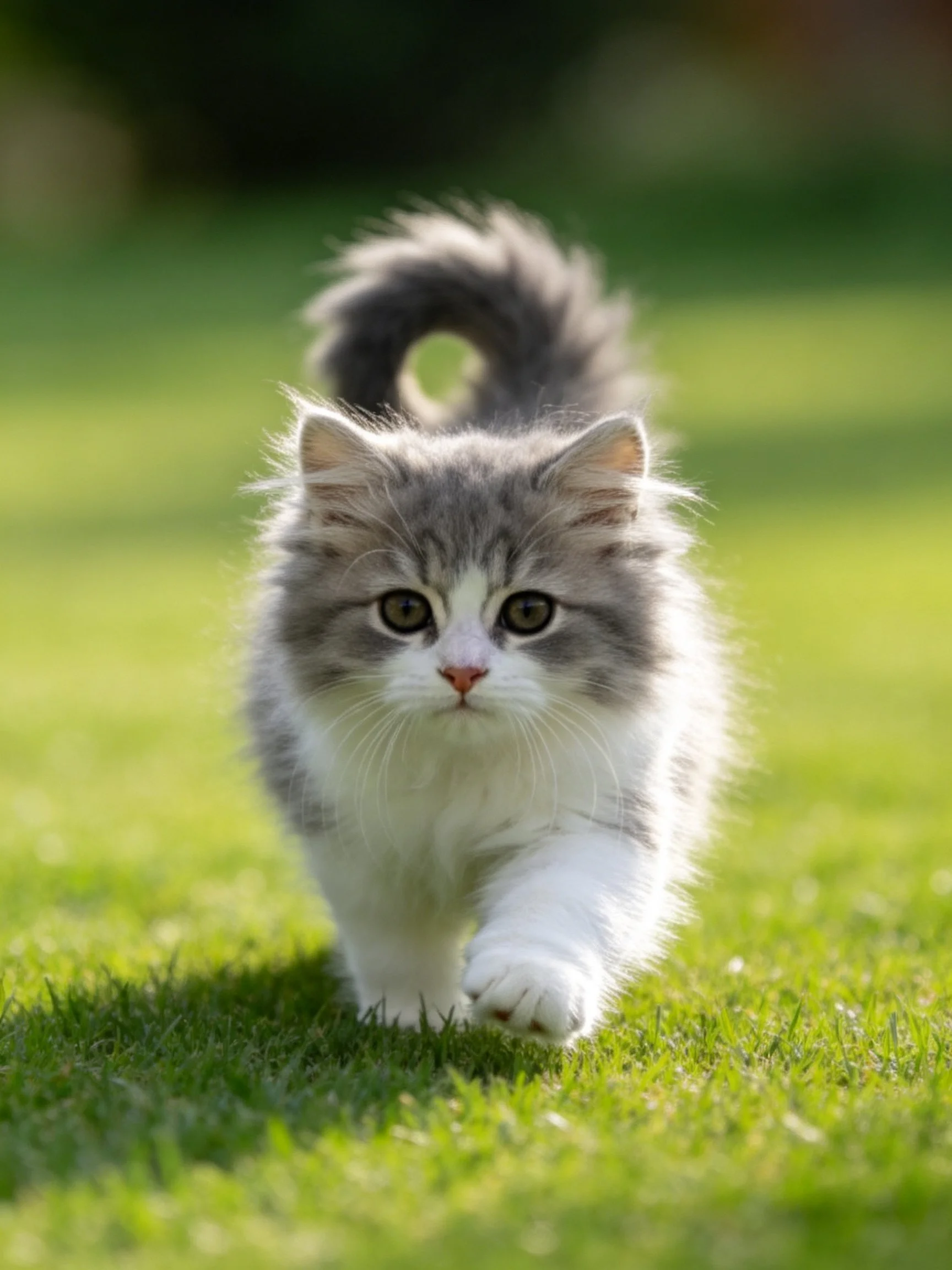 A fluffy gray-and-white kitten walks on lush green grass.