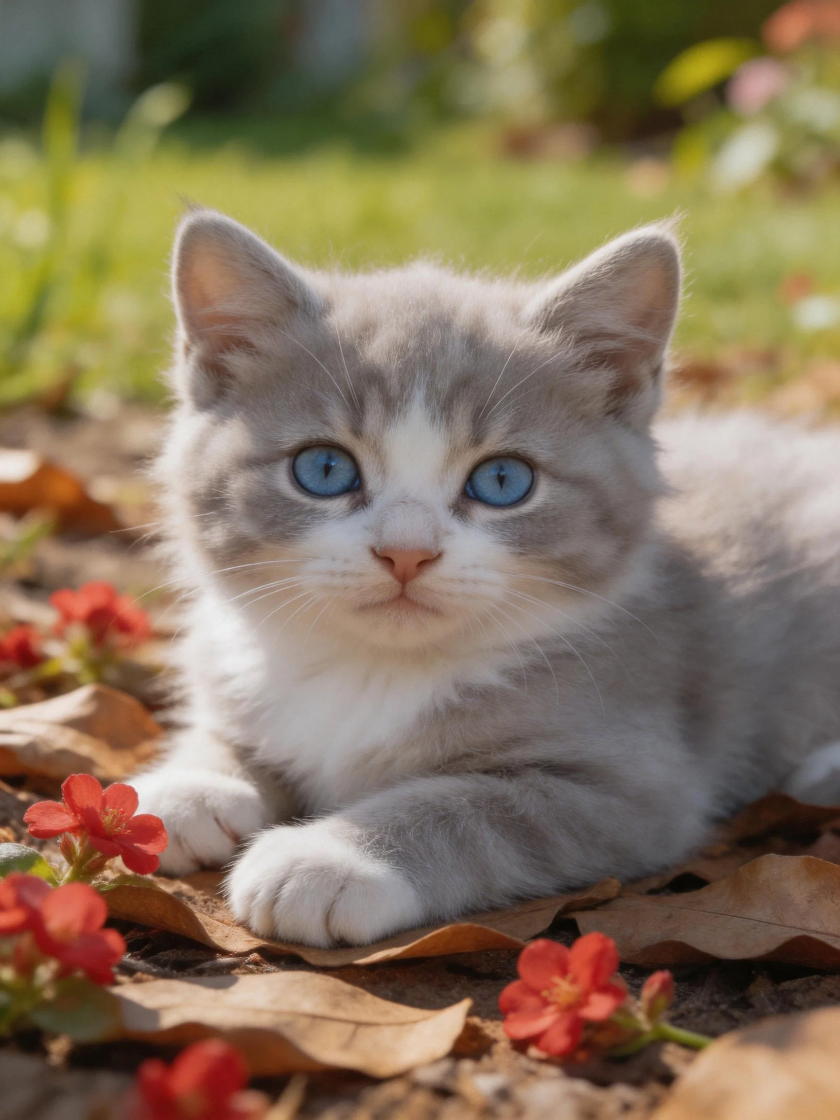 A fluffy gray-and-white kitten rests among red flowers and dry leaves