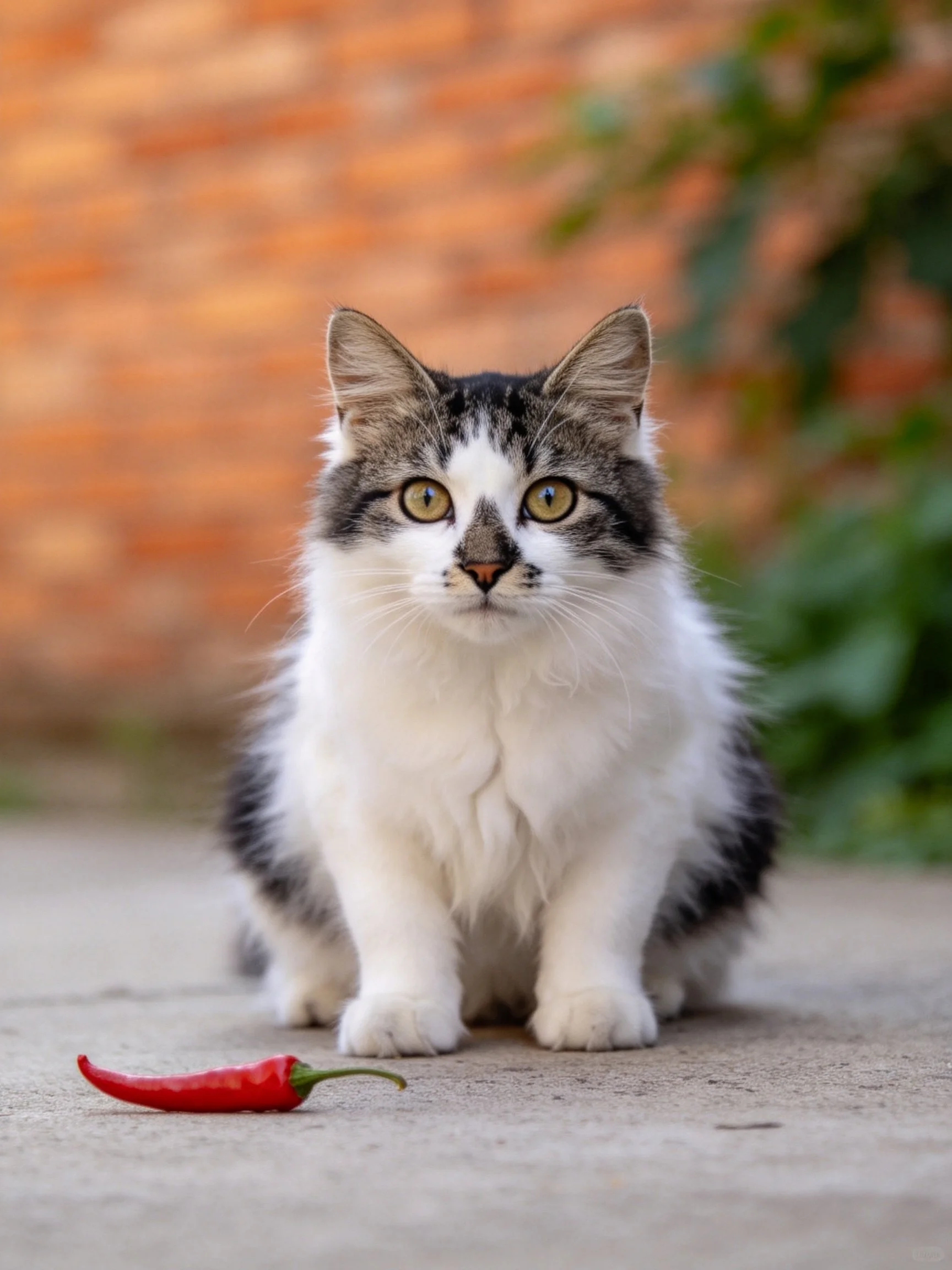 A fluffy gray-and-white kitten sits beside a bright red chili pepper outdoors.