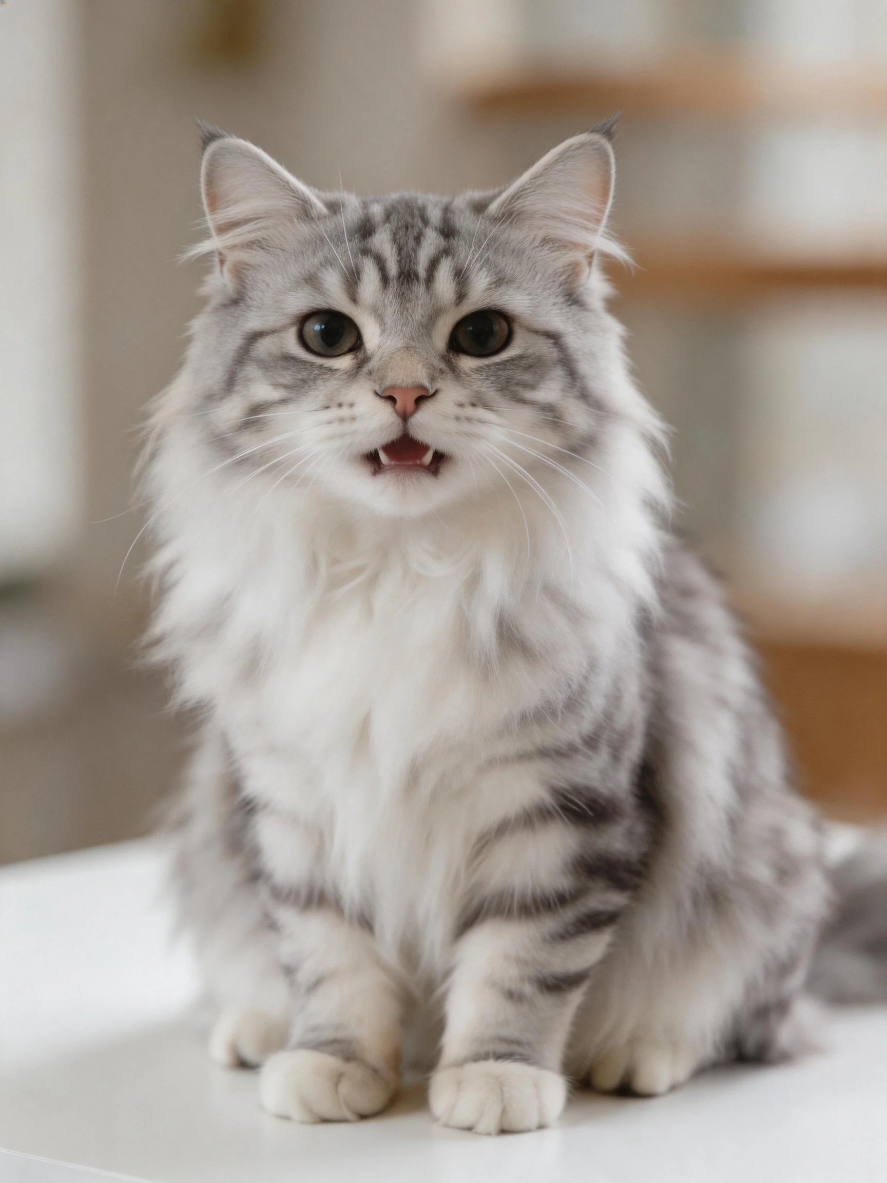 A fluffy gray and white long-haired cat sits on a white surface