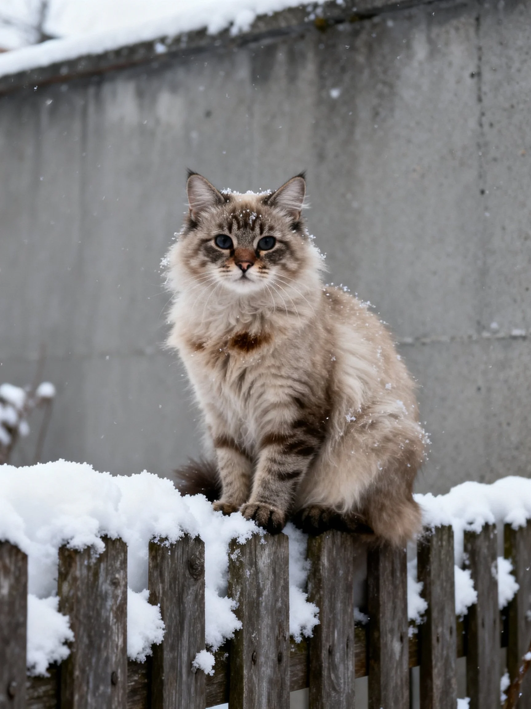 A fluffy gray - brown cat sits on a snow - covered wooden fence