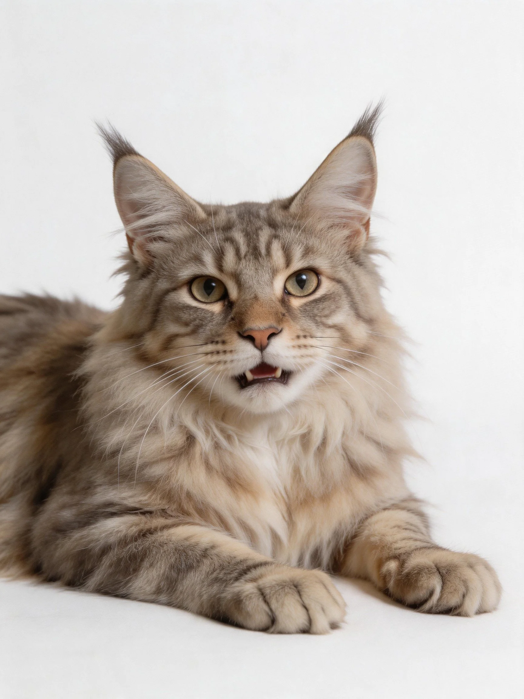 A fluffy gray-brown tabby Maine Coon cat resting on a white surface