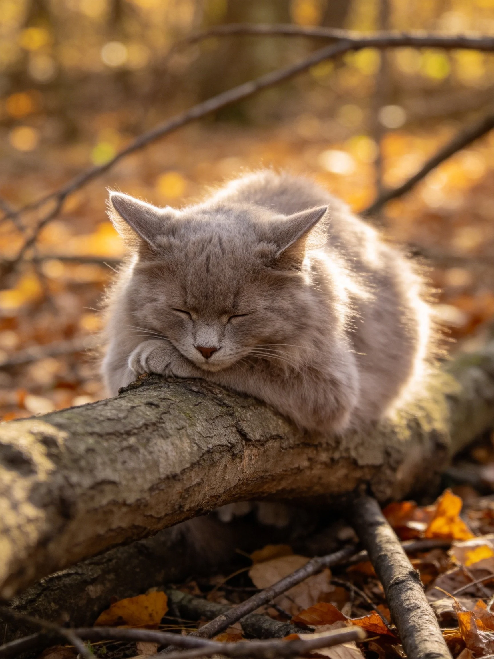 A fluffy gray cat napping on a fallen tree branch amid autumn foliage