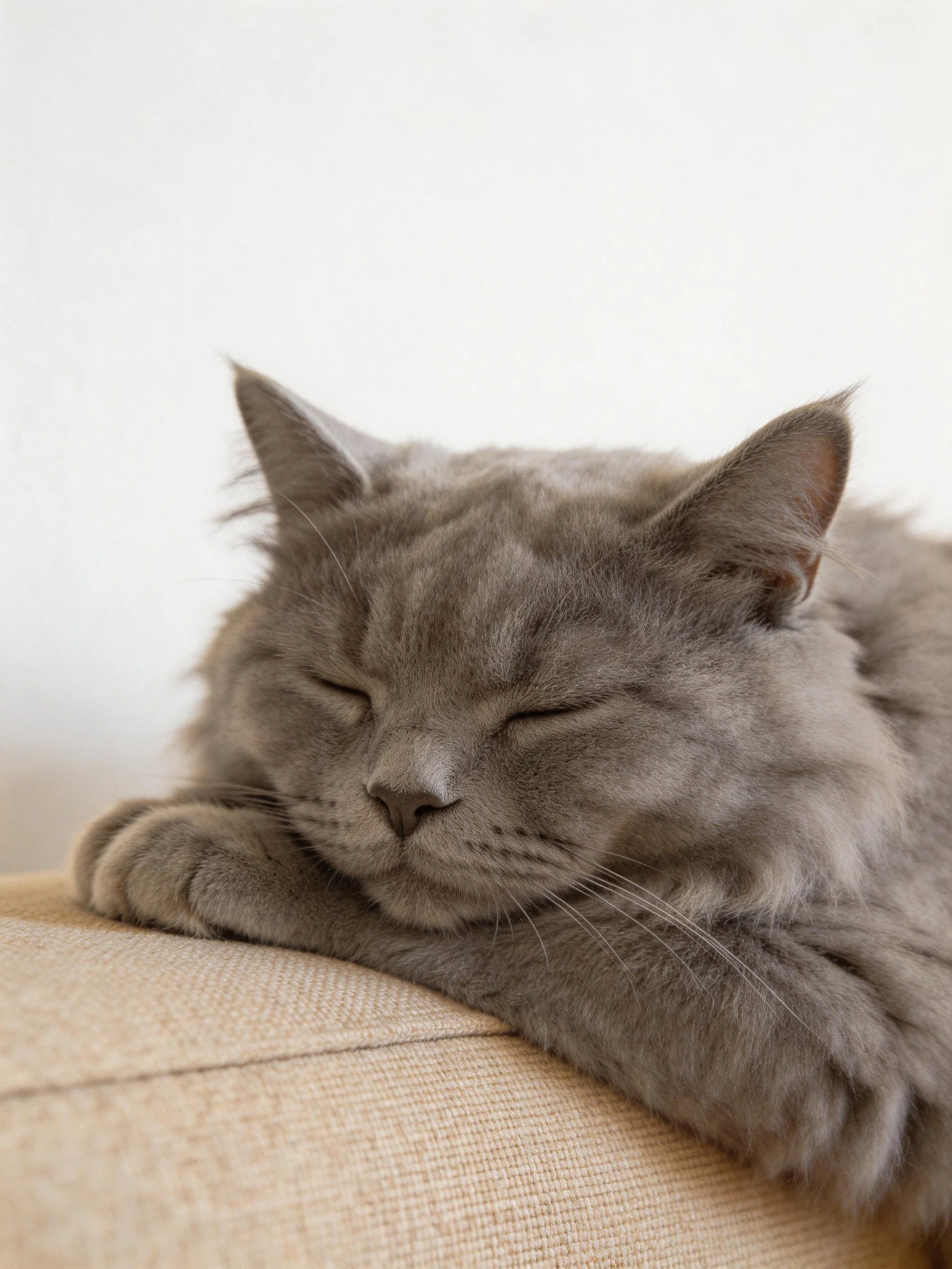 A fluffy gray cat peacefully resting on a beige couch