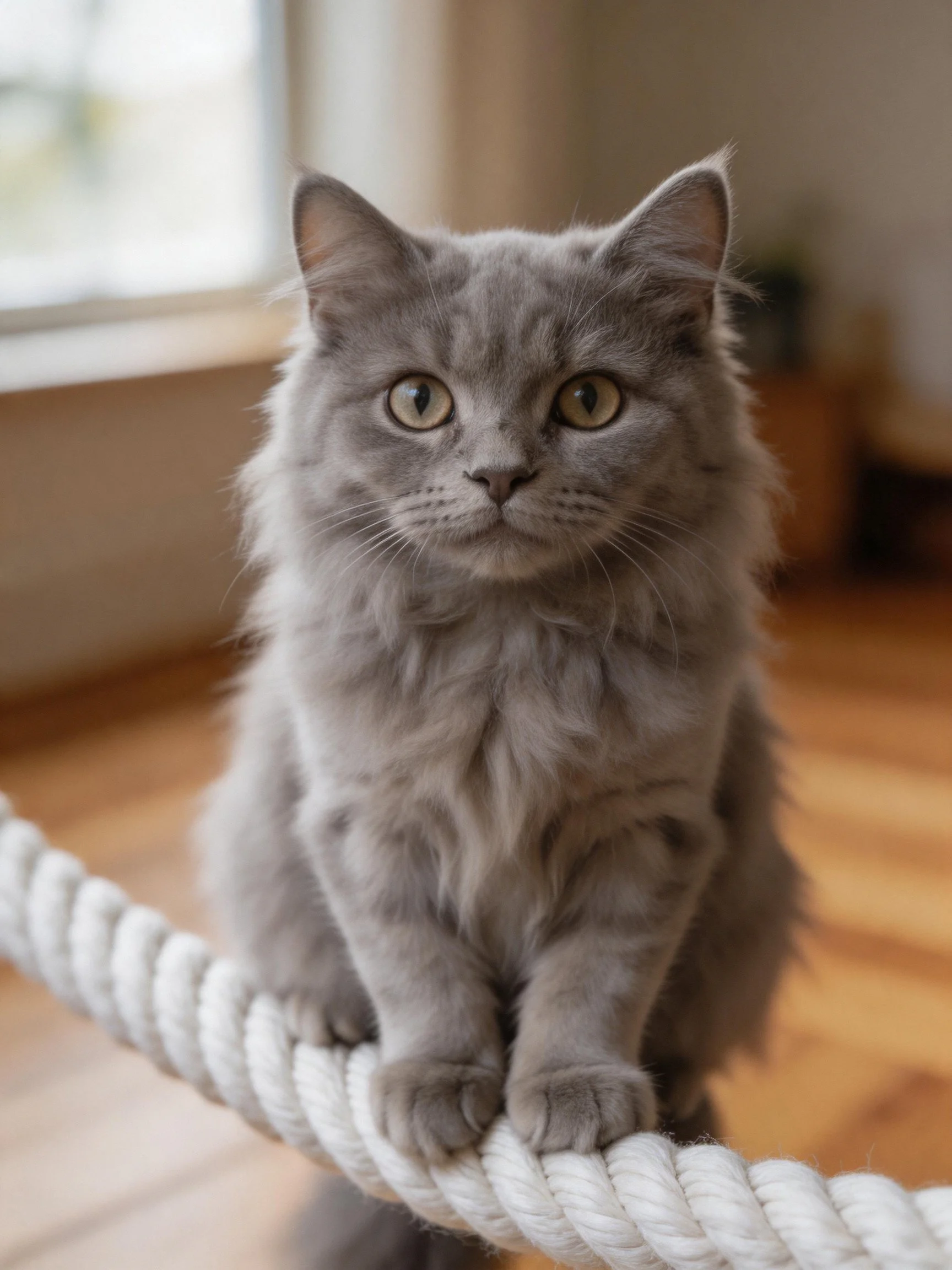 A gray cat sits calmly on a thick white rope inside a home.