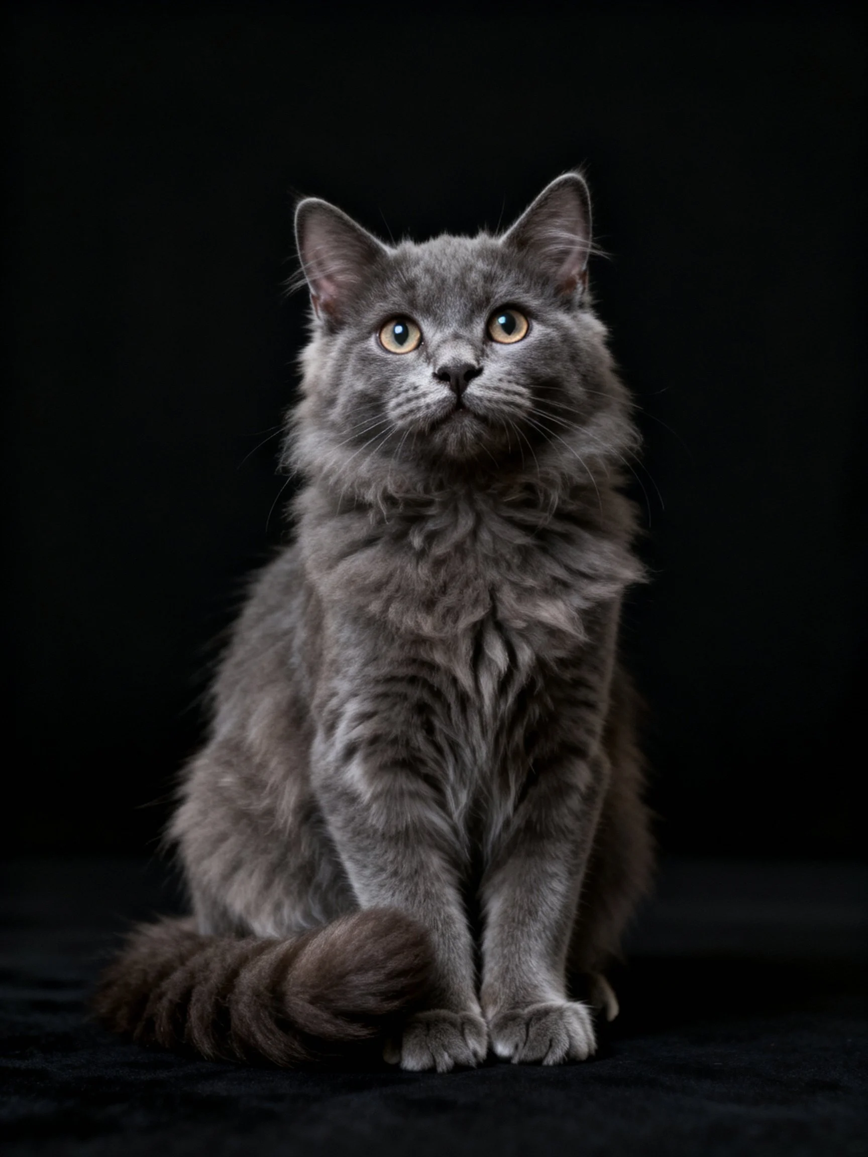 A fluffy gray cat posed upright against a black backdrop