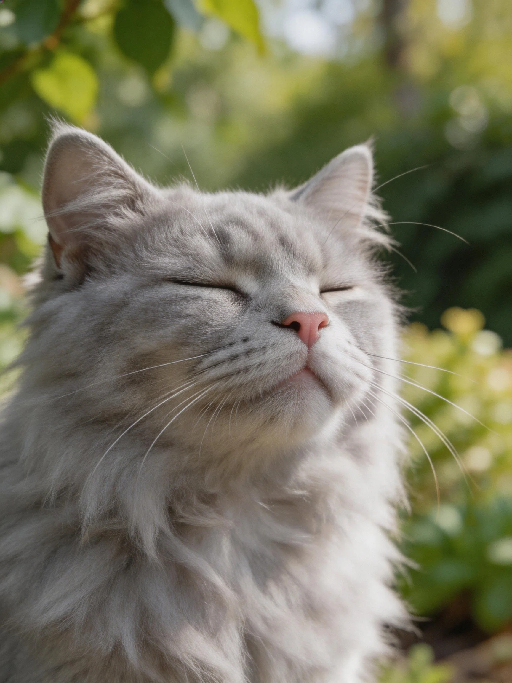 A fluffy gray cat enjoys a peaceful moment among greenery.