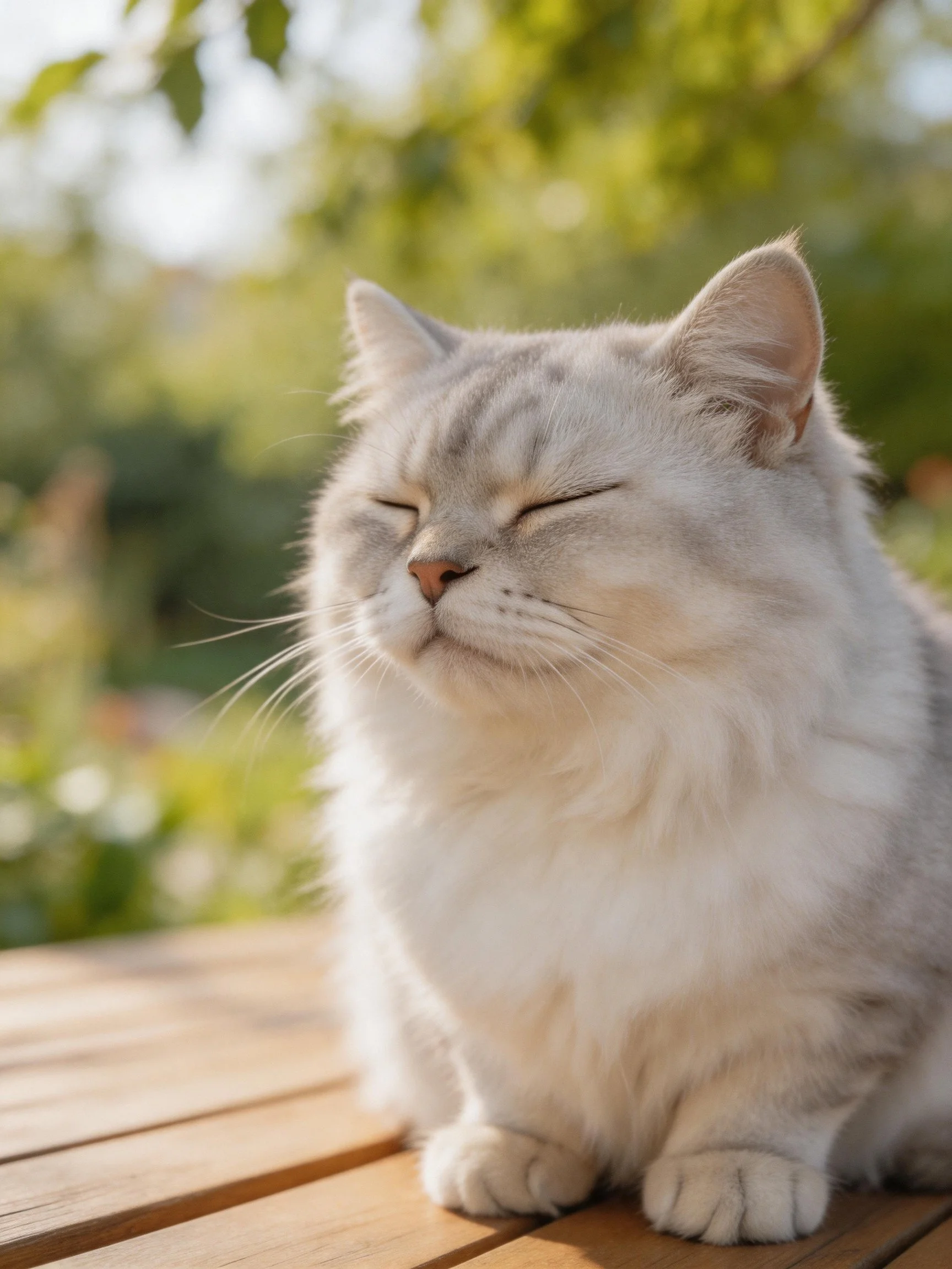 A fluffy gray cat sits contentedly on a wooden surface in a sunlit outdoor area.