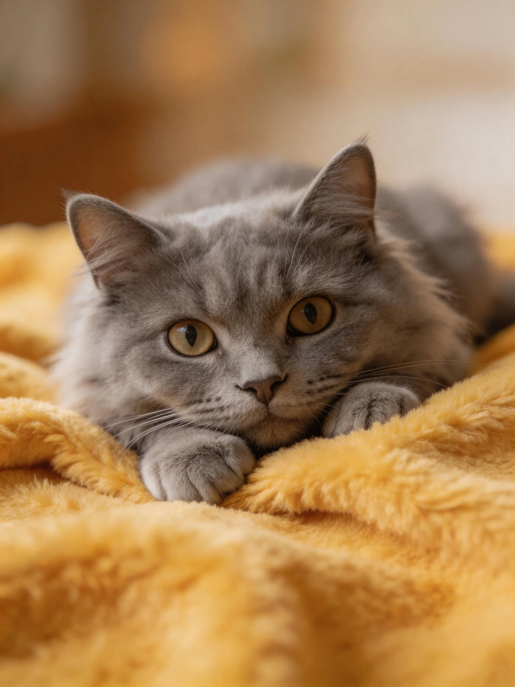 A gray cat relaxes on a plush yellow blanket.