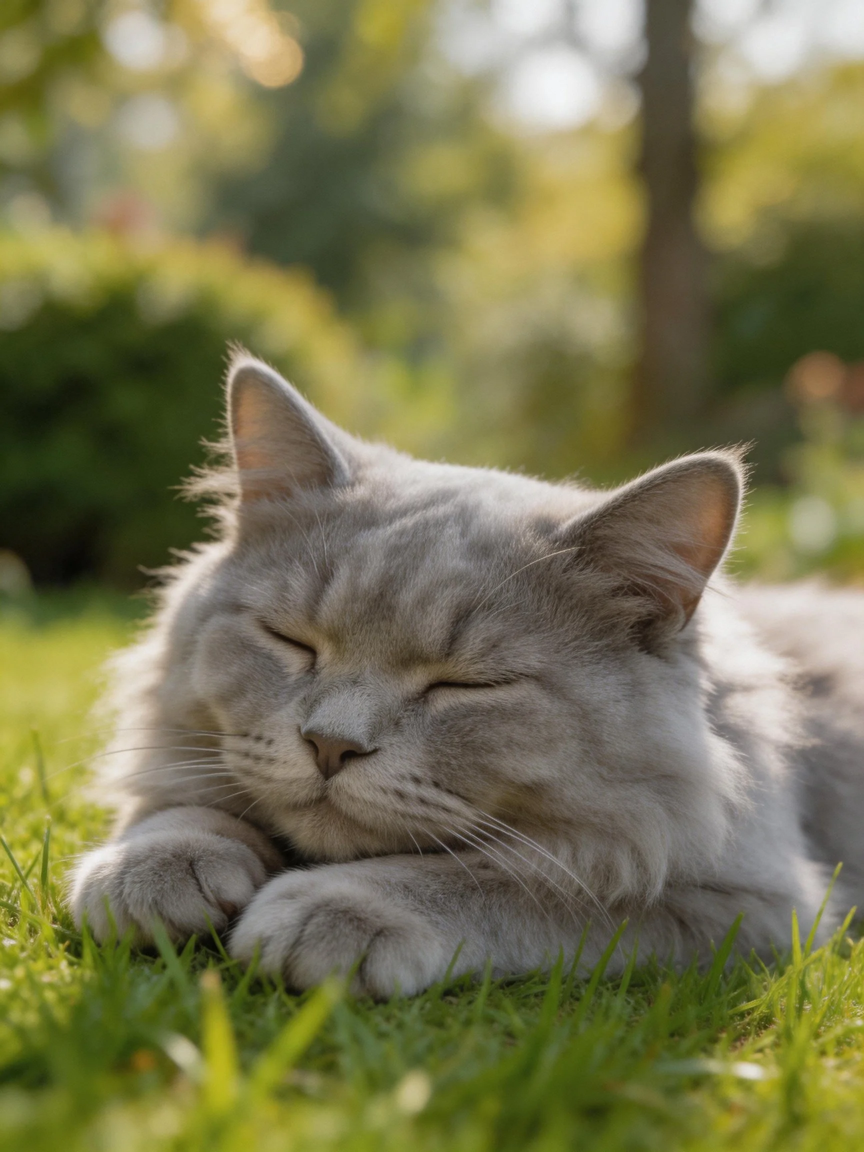 A fluffy gray cat relaxes on green grass in a sunlit outdoor area.