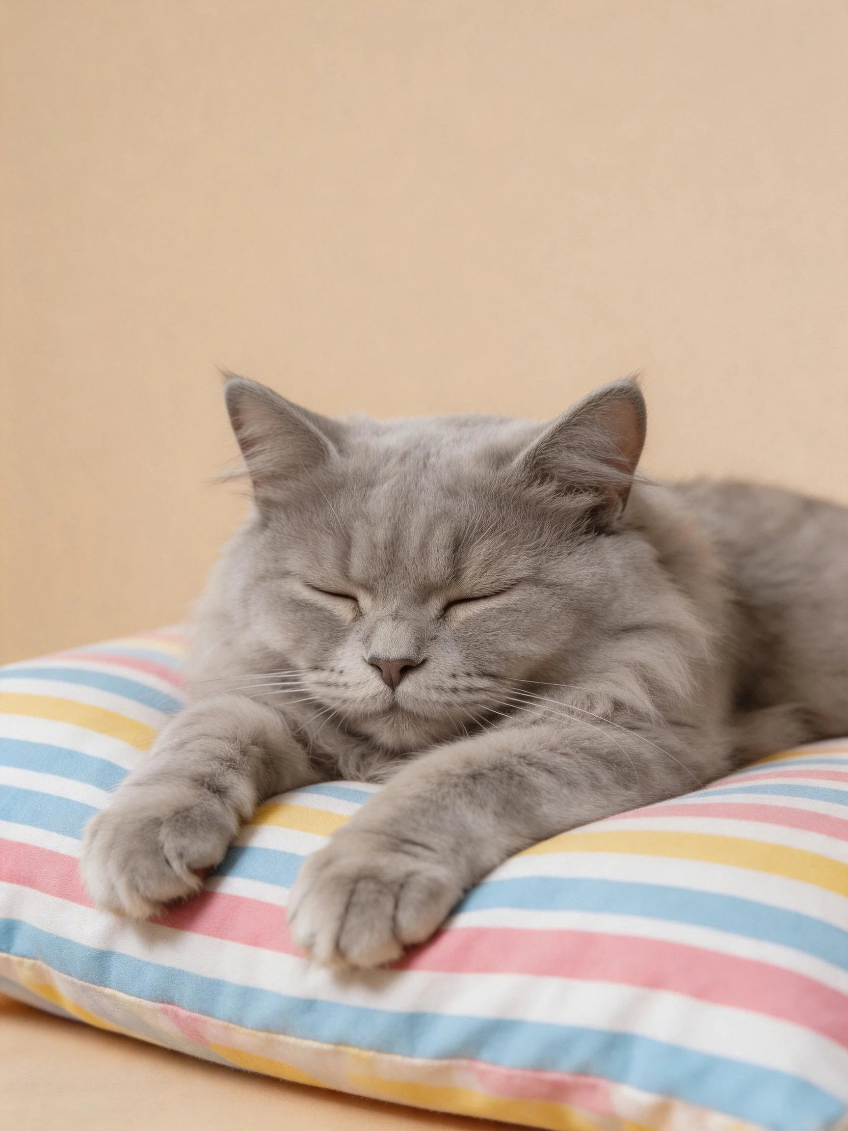 A gray cat relaxes on a striped cushion in a soft setting.