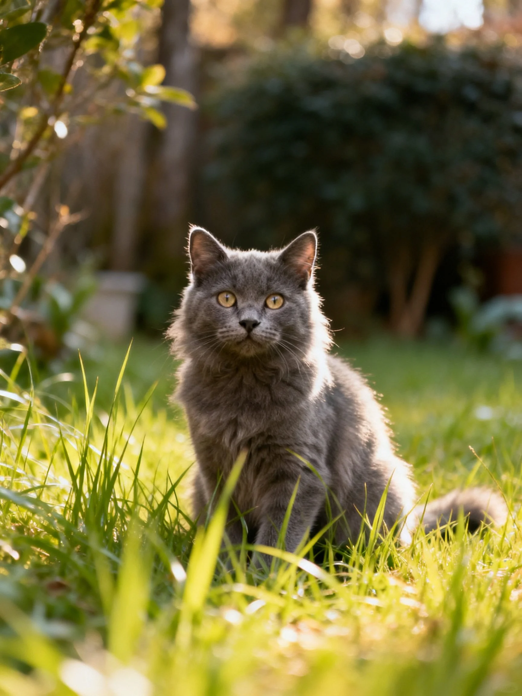 A fluffy gray cat sits calmly in sunlit grass surrounded by greenery.