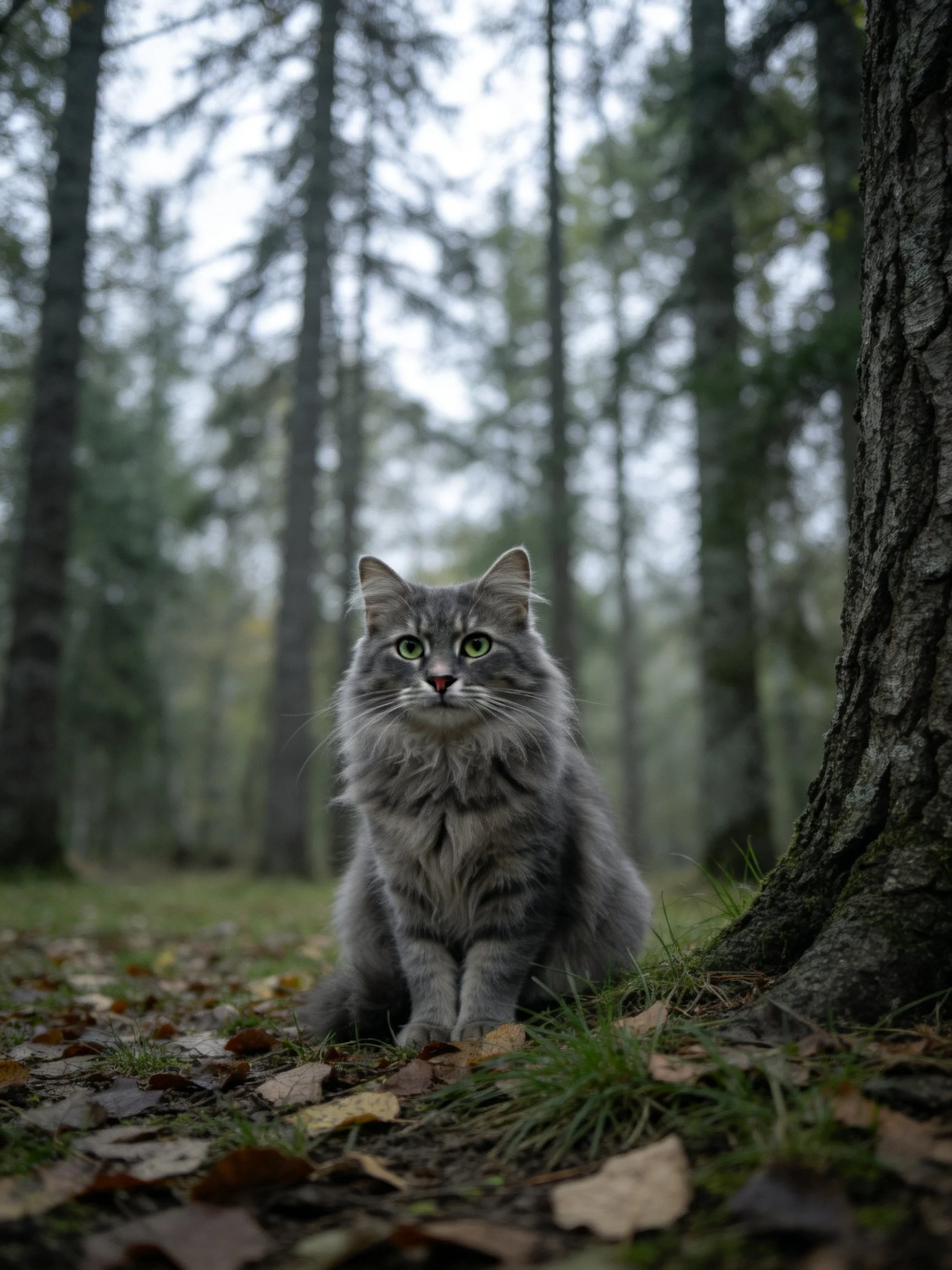 A gray cat rests beside a tree in a foggy forest setting.