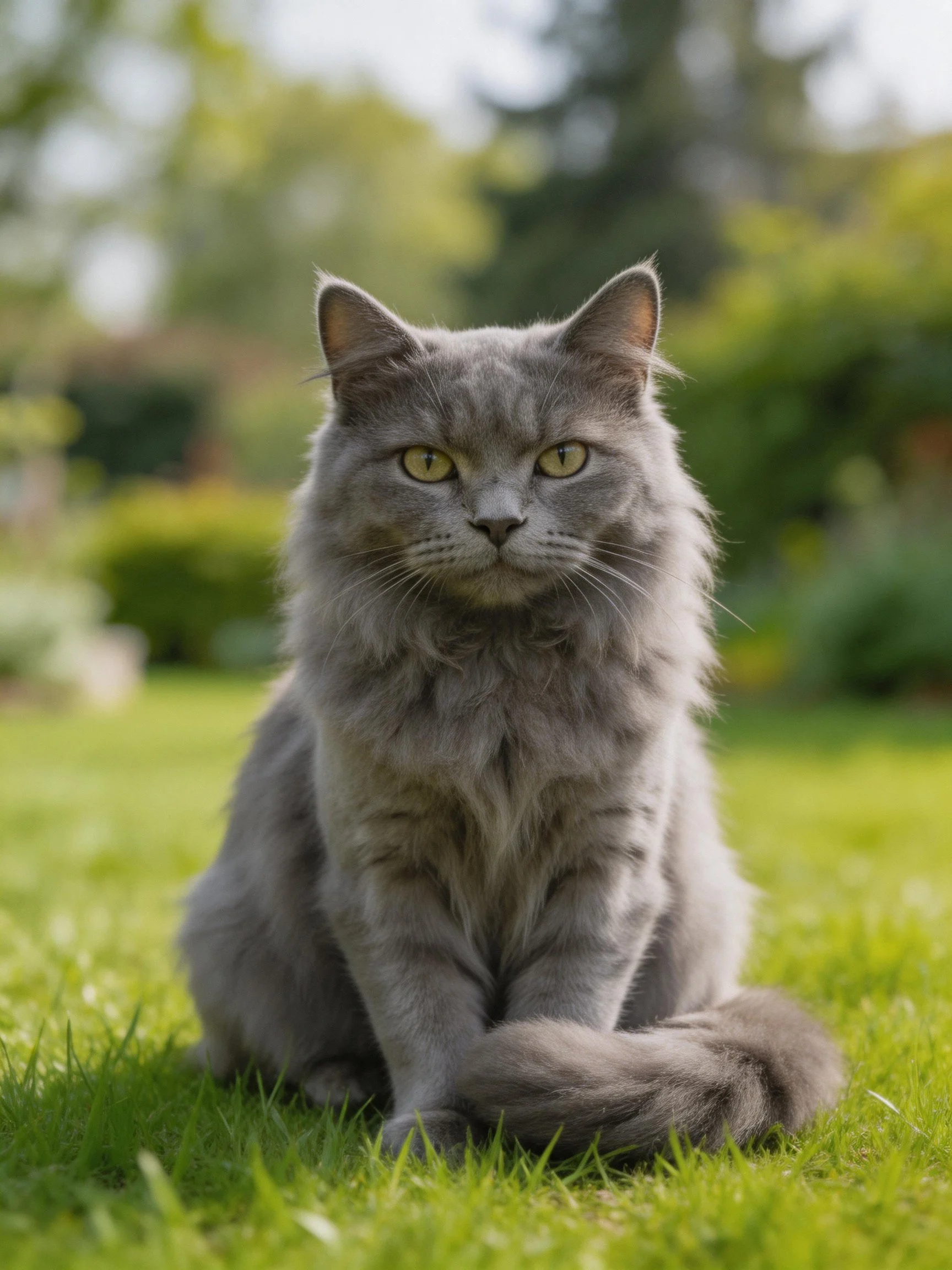 A fluffy gray cat sits calmly on bright green grass in a sunlit outdoor setting.
