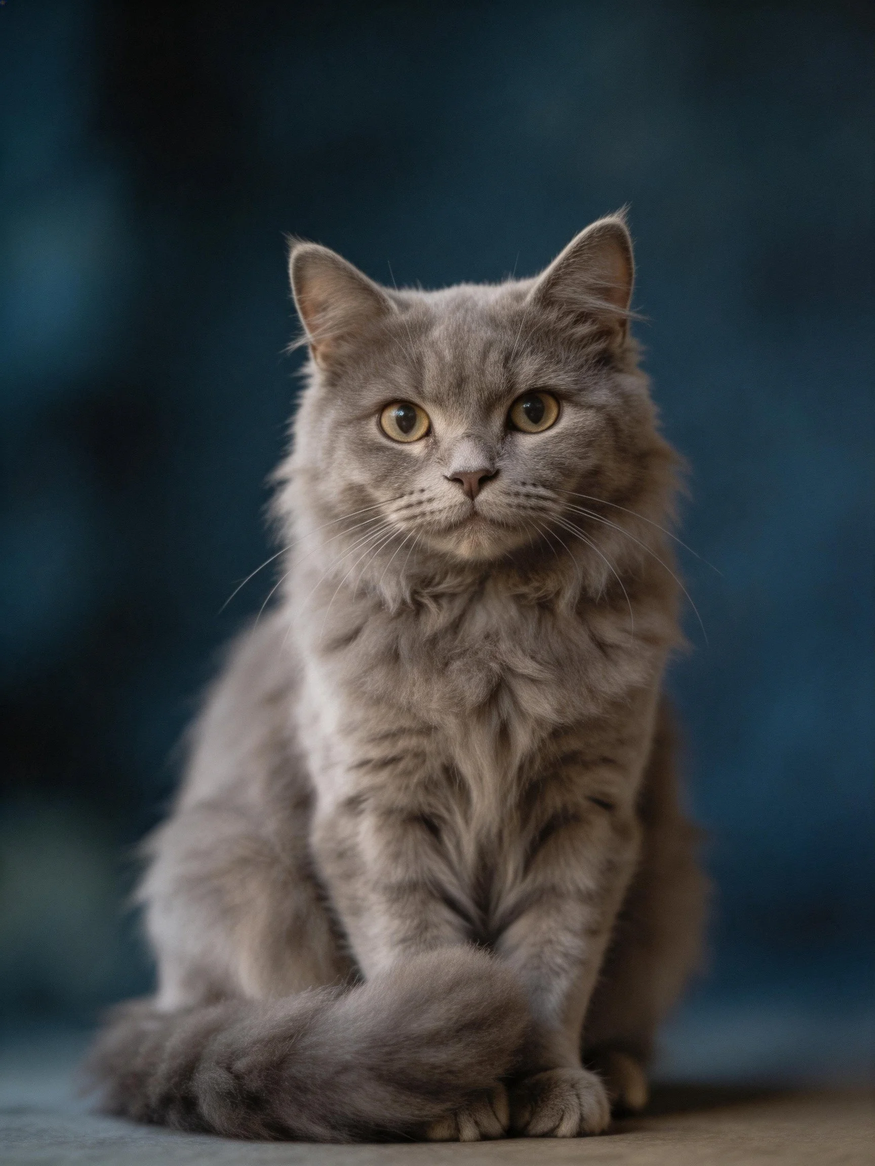 A fluffy gray cat sits serenely against a dark blue bokeh background