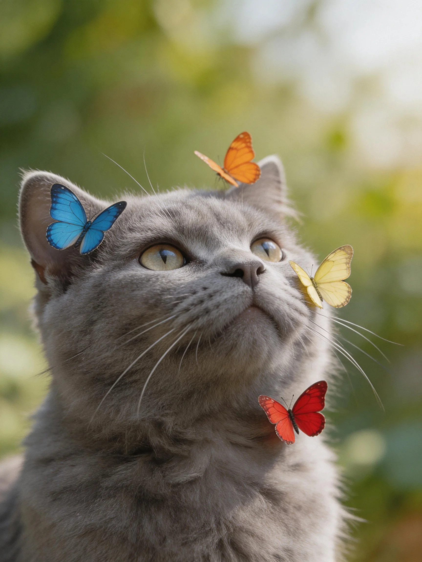 A gray cat looks upward as vibrant butterflies hover around it in a sunlit area.