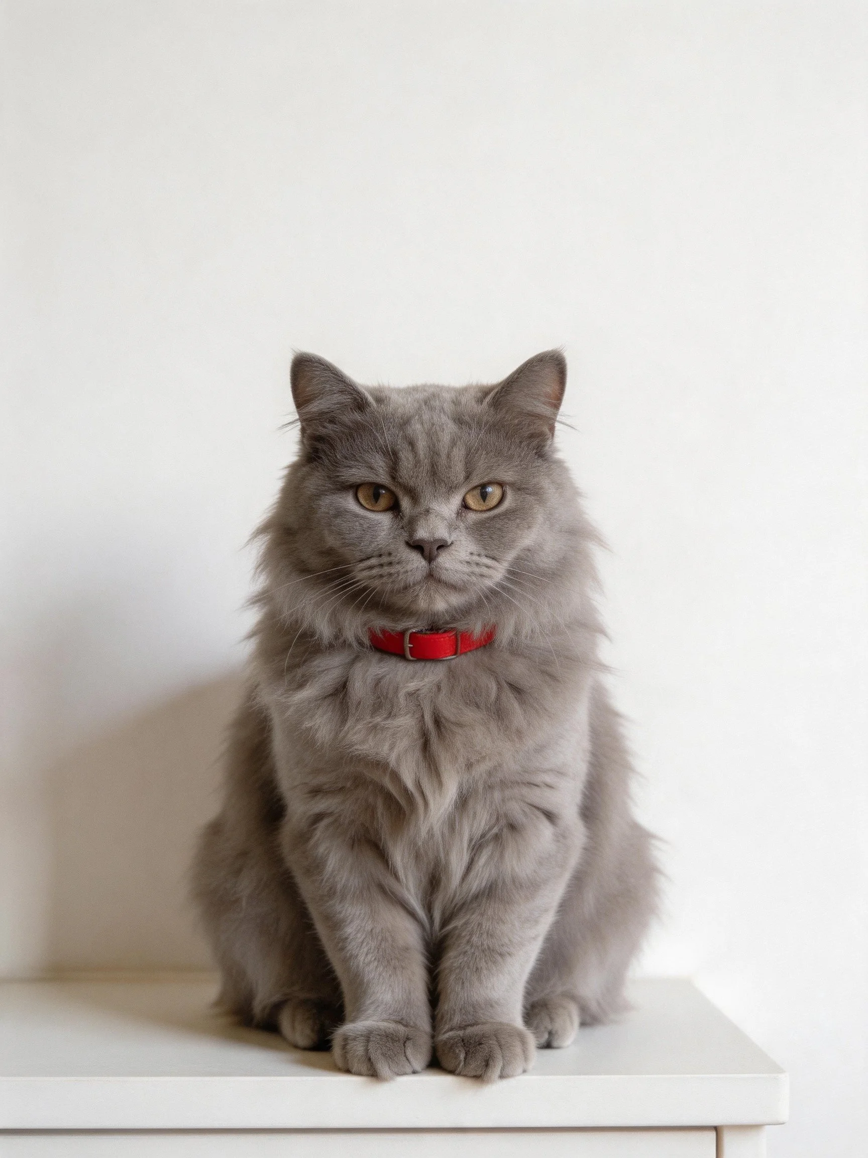 A fluffy gray cat with a red collar sits on a white surface