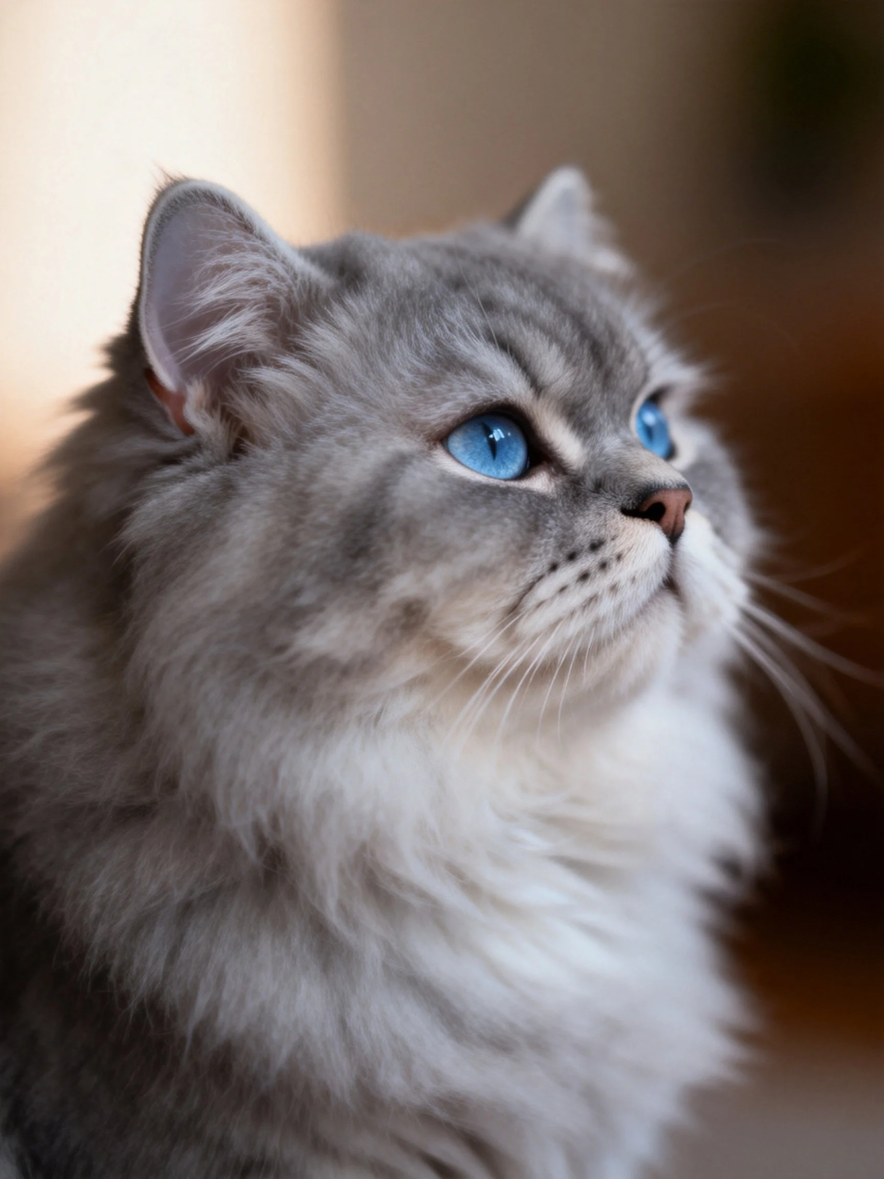 A fluffy gray cat with blue eyes gazes upward in a softly lit setting.