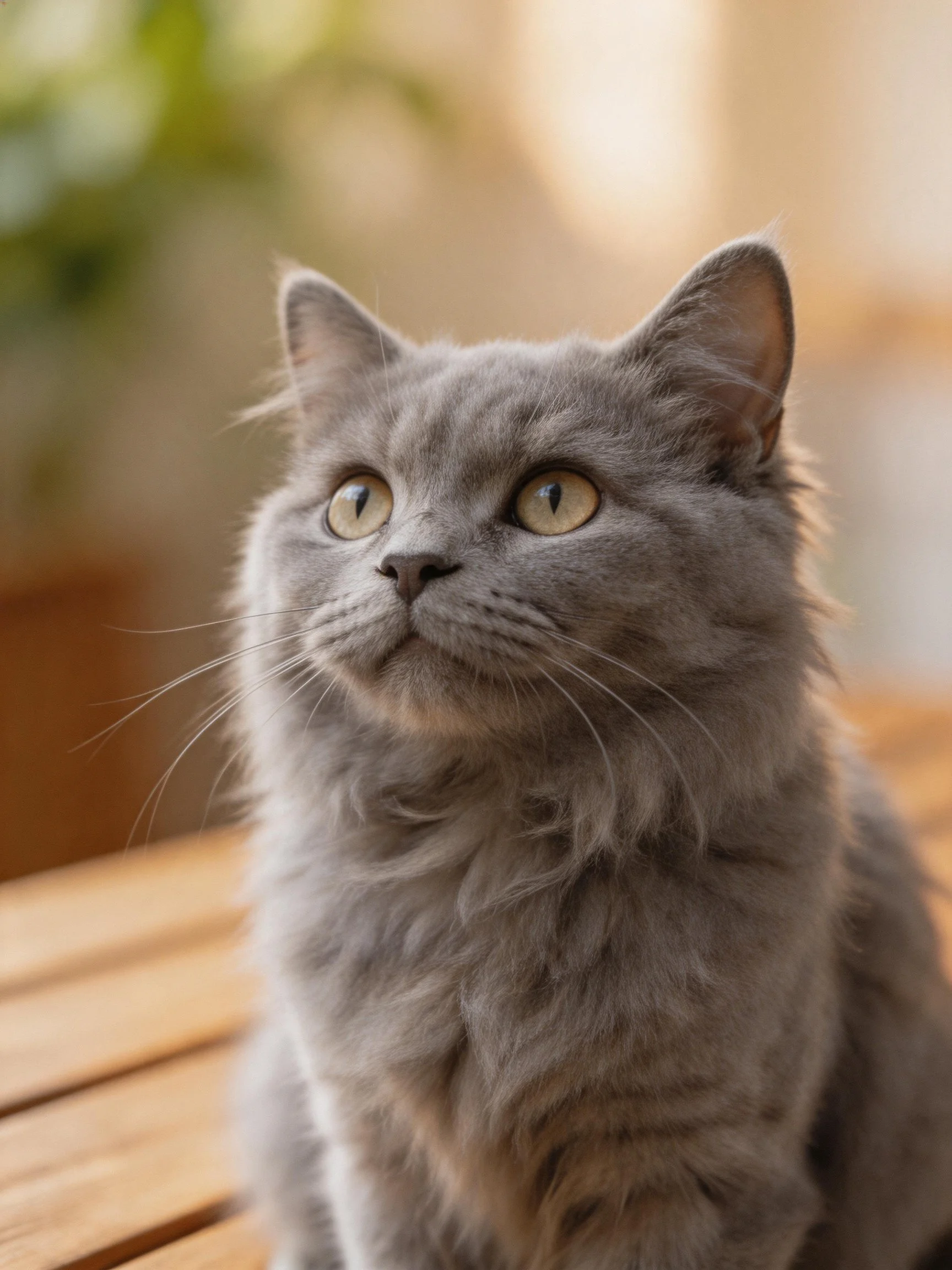 A gray cat with bright eyes rests on a wooden surface.