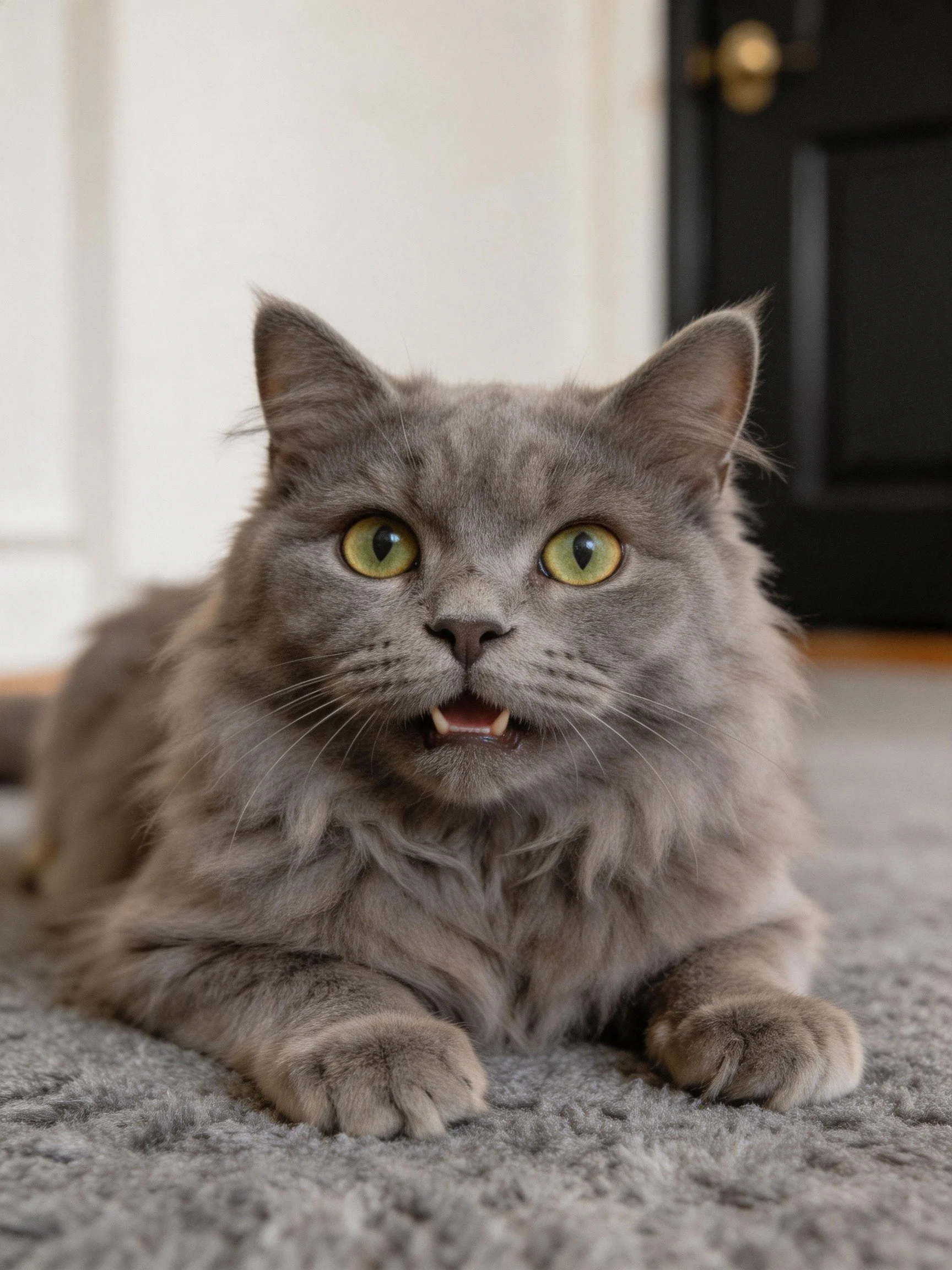 A fluffy gray cat with bright green eyes rests on a soft carpet near a dark door.