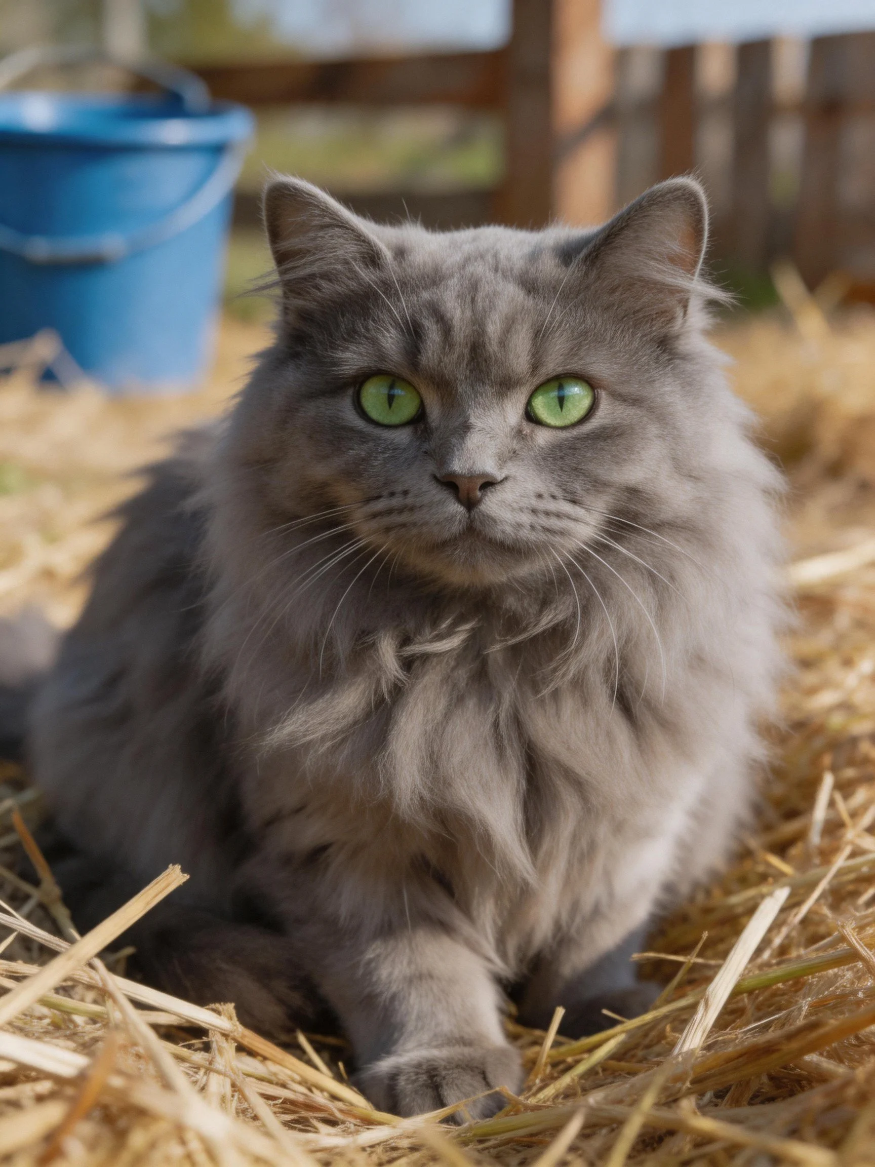 A fluffy gray cat with bright green eyes rests on straw in an outdoor setting.