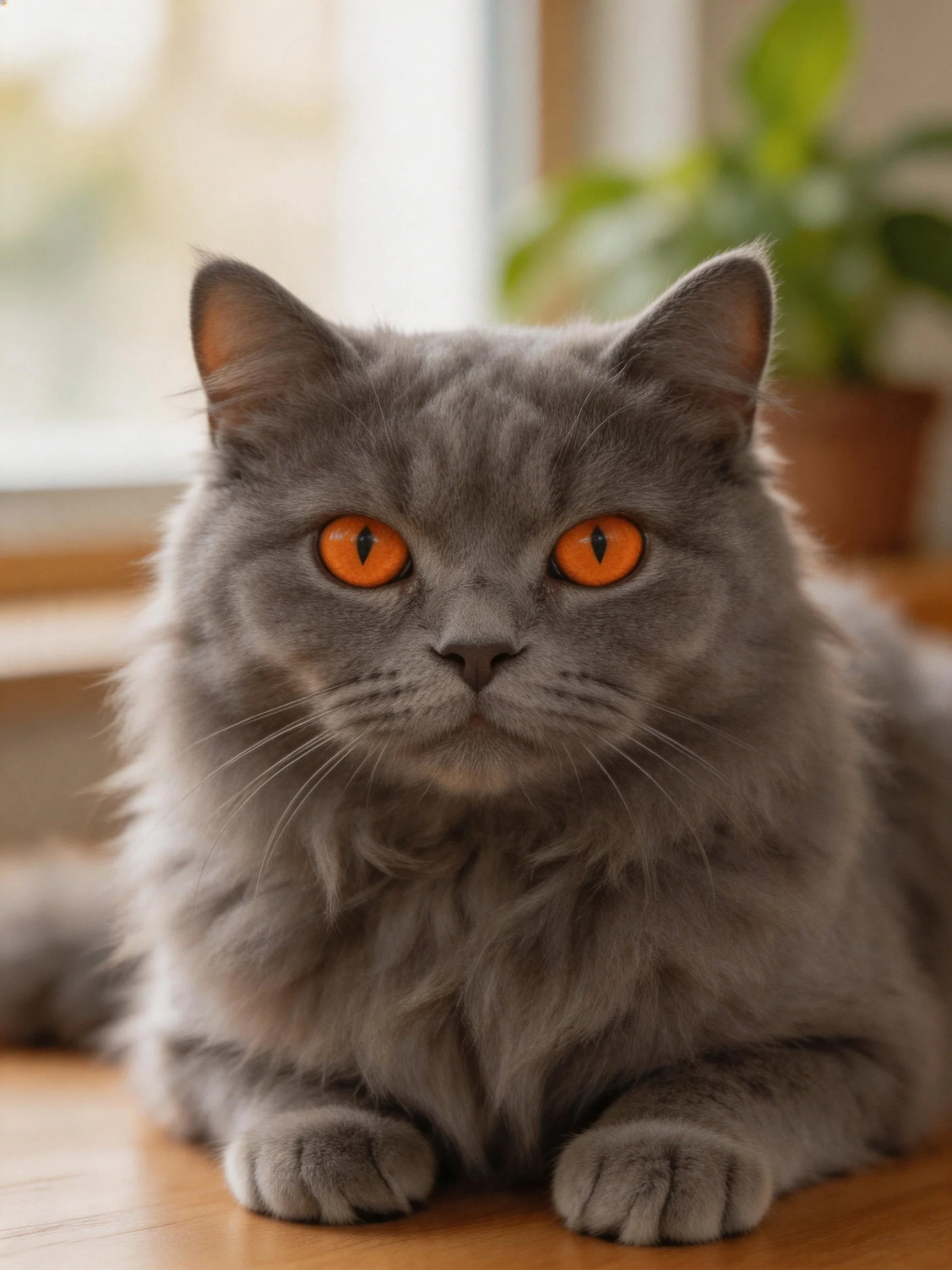 A fluffy gray cat with bright orange eyes sits calmly indoors.