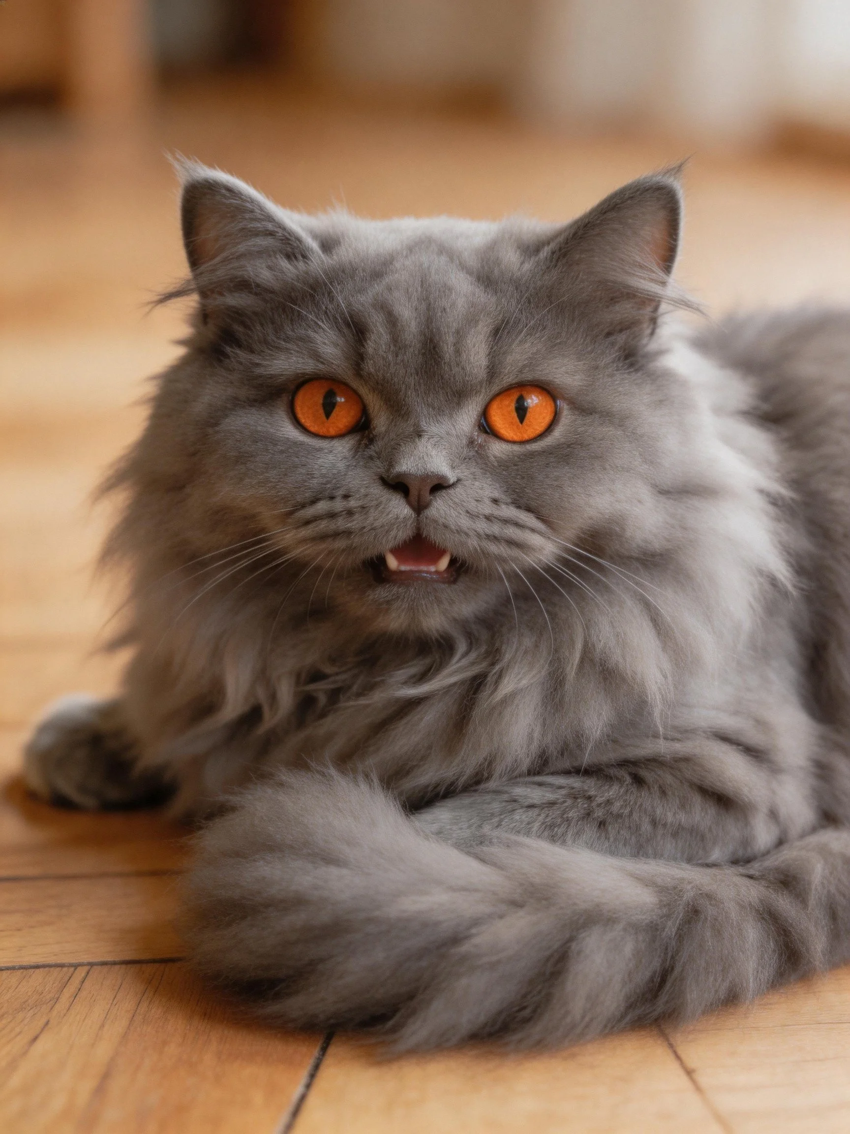 A fluffy gray cat with bright orange eyes rests on a wooden floor.