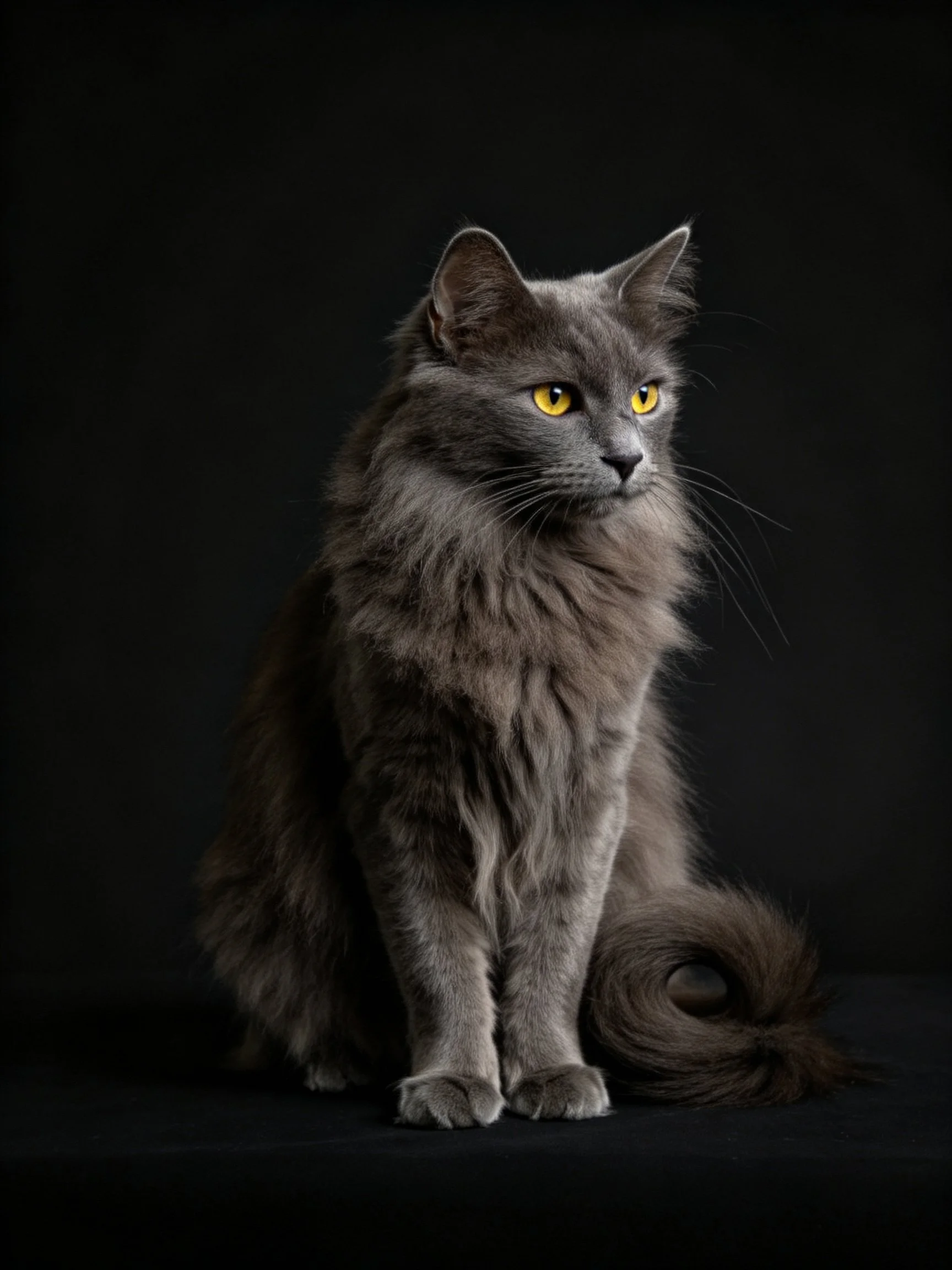 A fluffy gray cat with bright yellow eyes sits calmly amid a dark background.