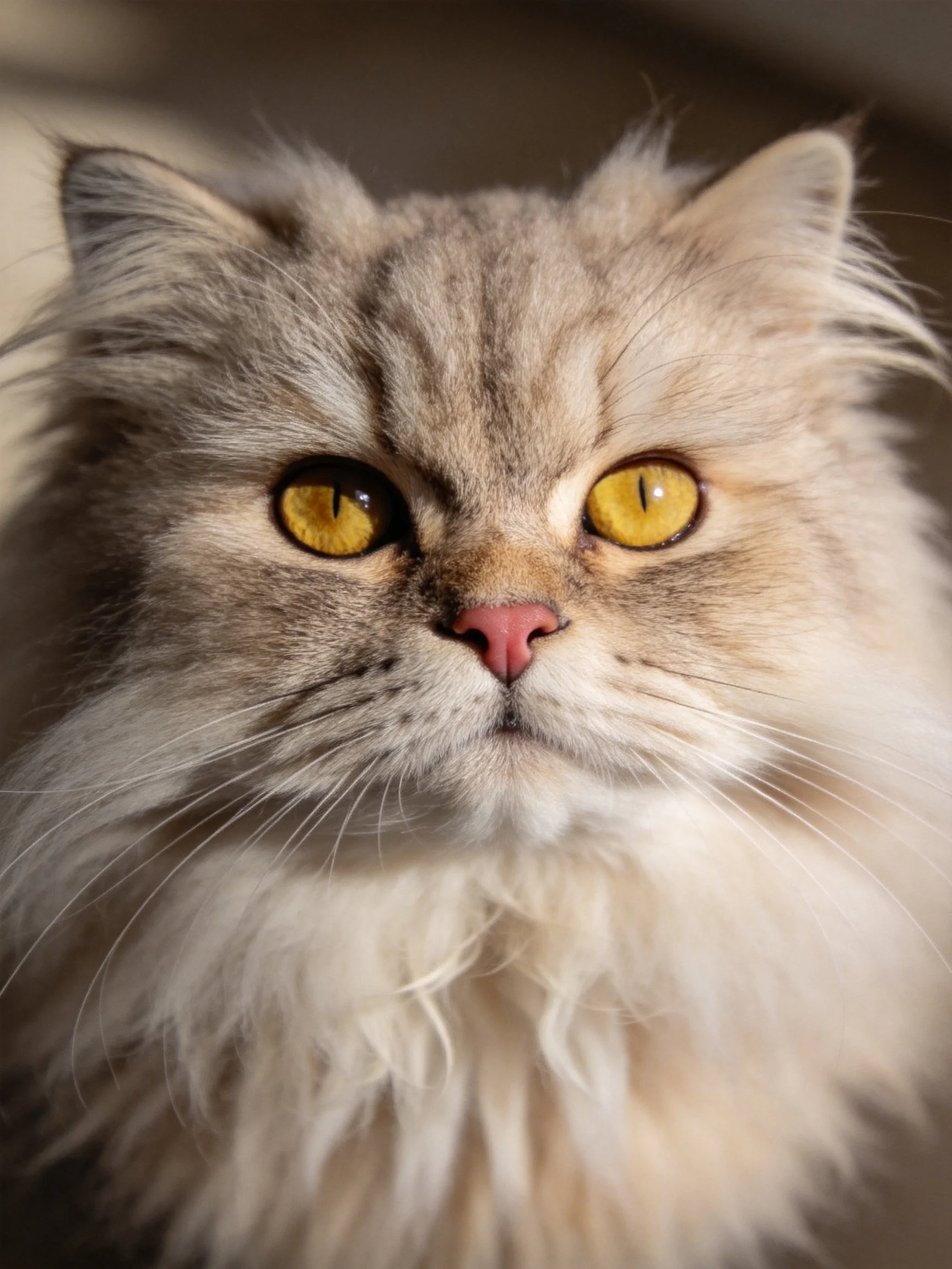 A close - up of a fluffy gray cat with striking yellow eyes.