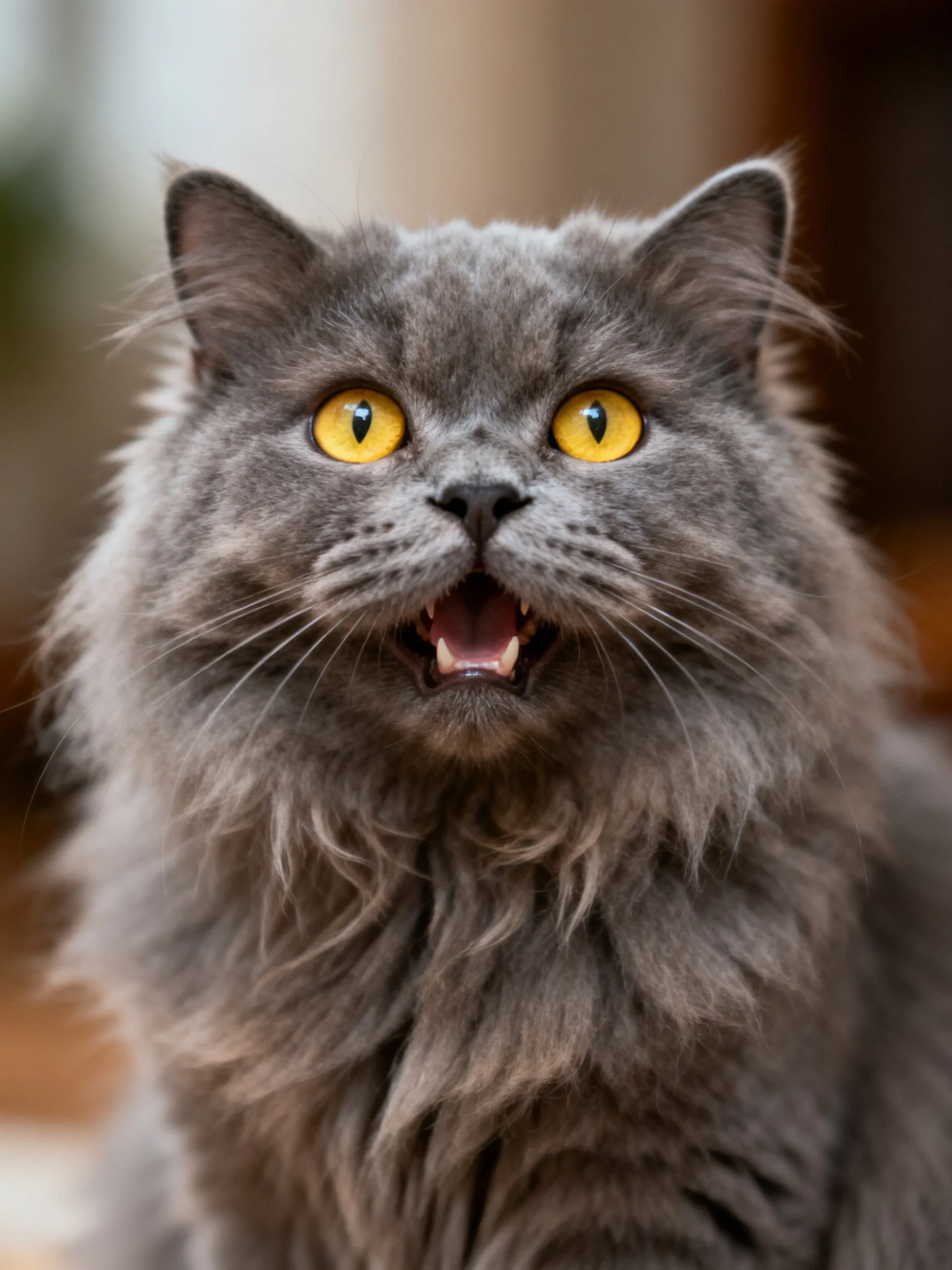 A fluffy gray cat with bright yellow eyes shows a startled expression.