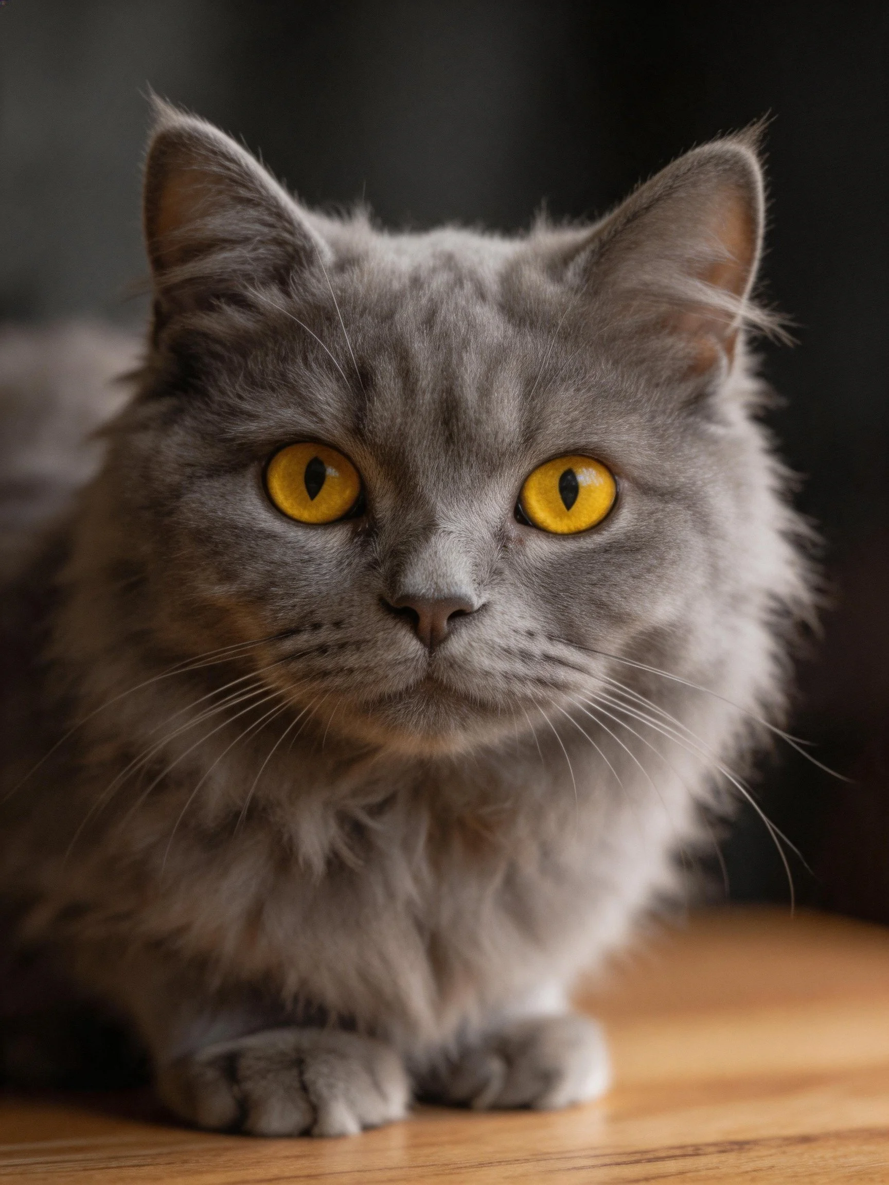 A fluffy gray cat with bright yellow eyes rests calmly indoors.