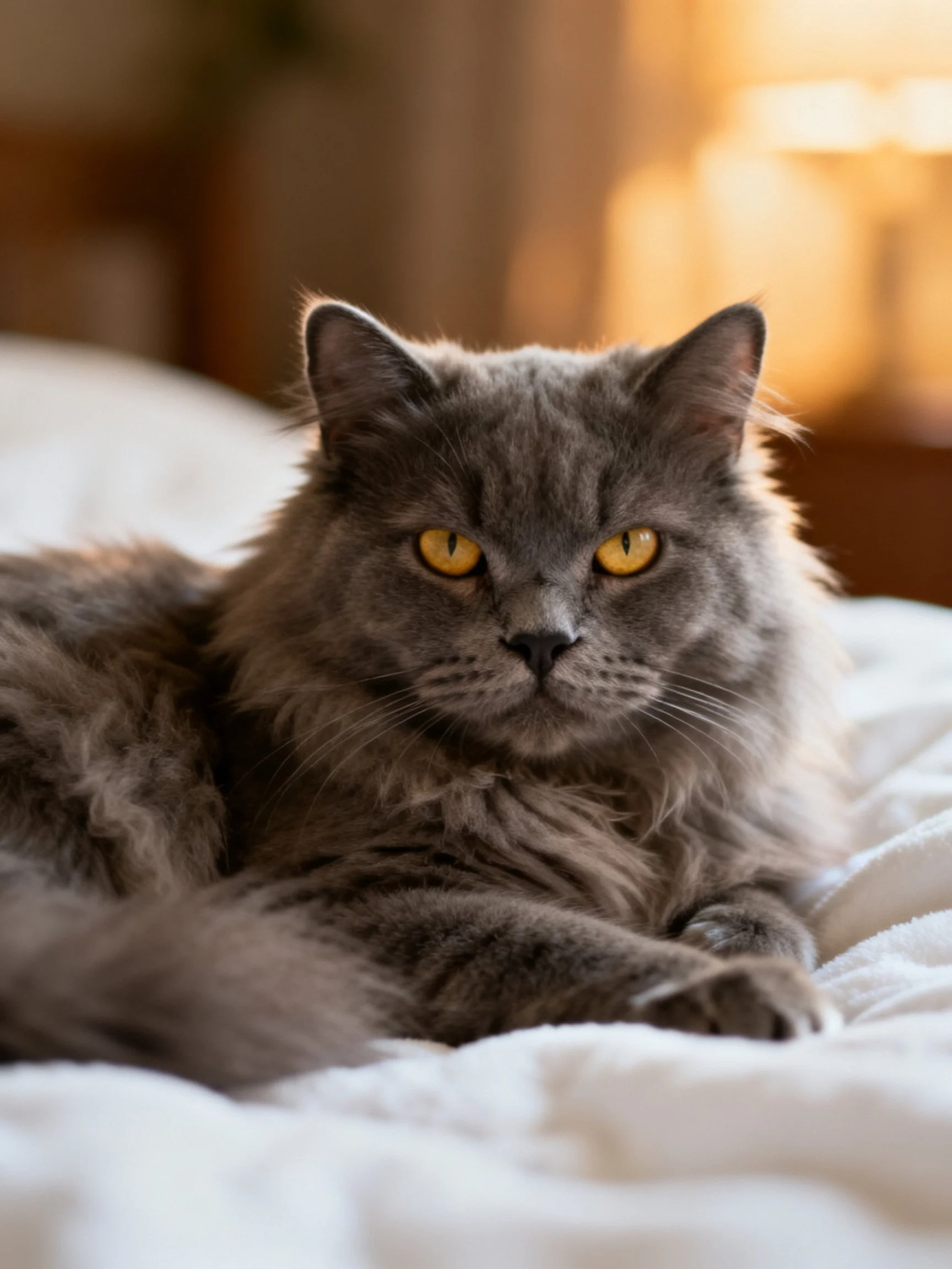 A fluffy gray cat with yellow eyes relaxes on soft bedding.