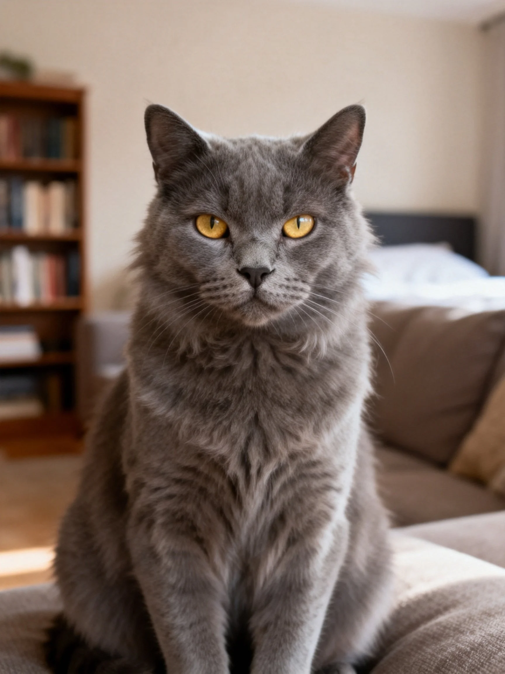 A gray cat with yellow eyes rests in a cozy domestic interior