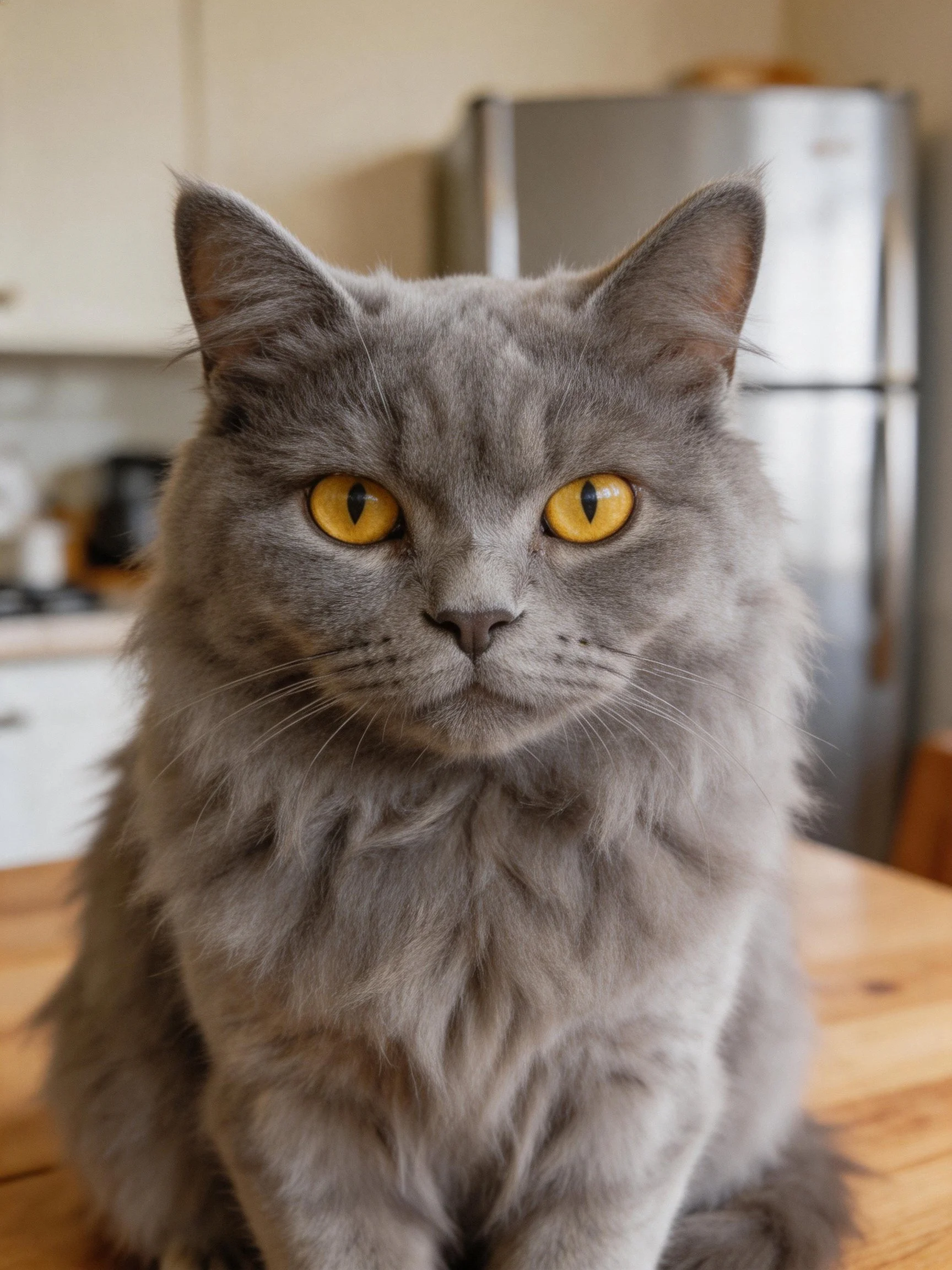 A fluffy gray cat with bright yellow eyes sits calmly in ahome kitchen.