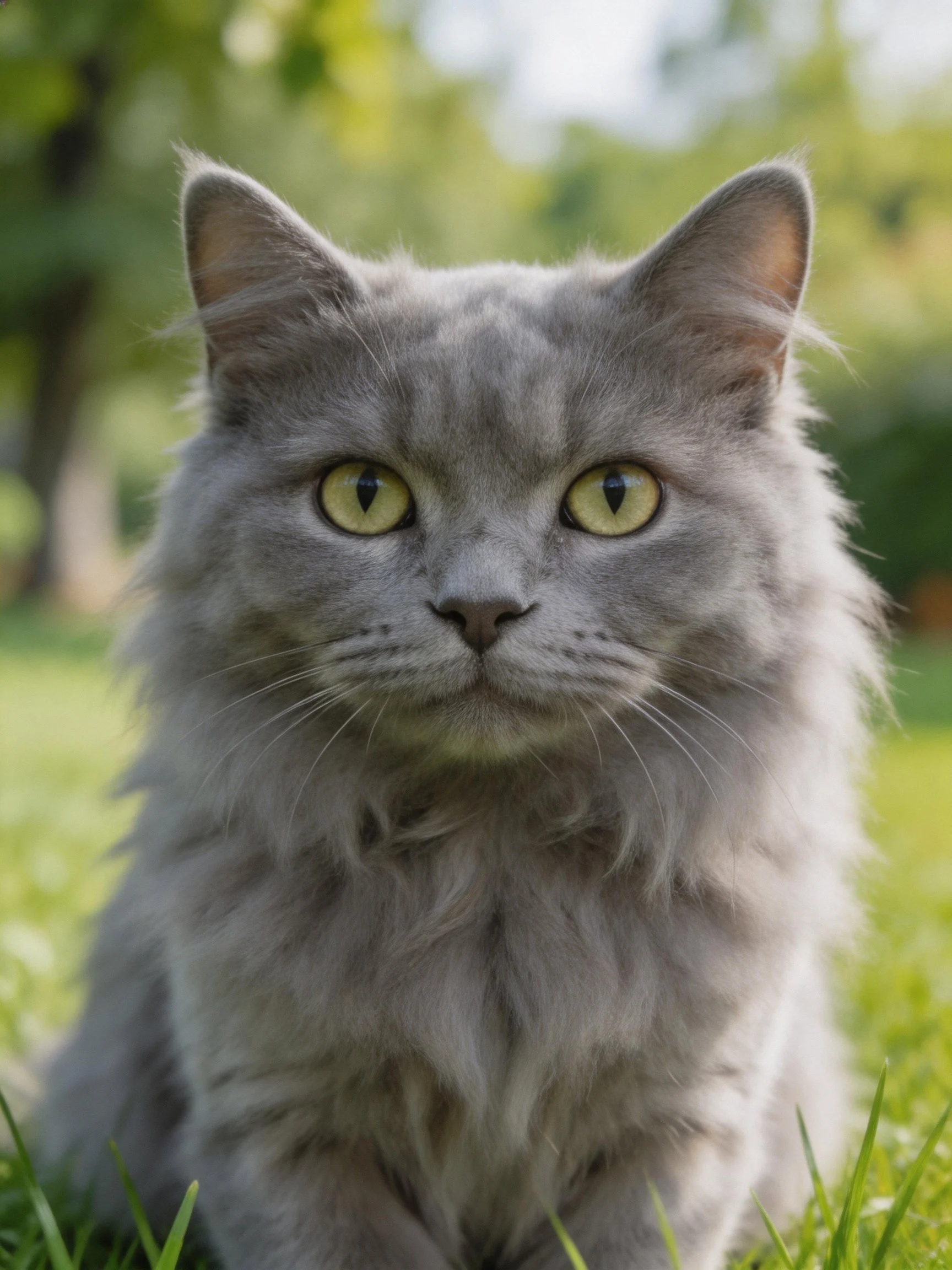 A fluffy gray cat with bright yellow eyes sits on green grass in a sunny outdoor area.