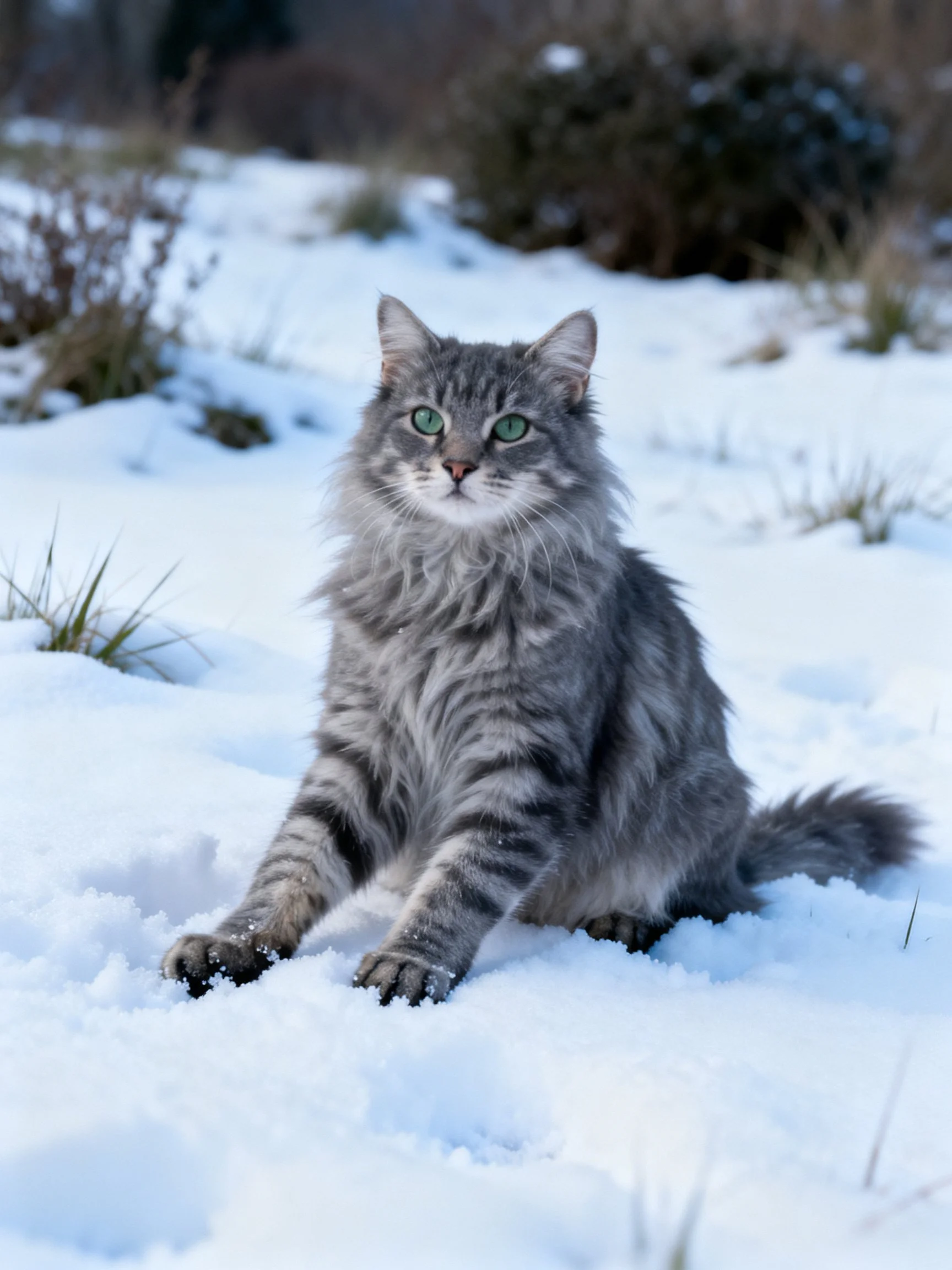 A fluffy gray cat with green eyes sits calmly in a snowy outdoor setting.