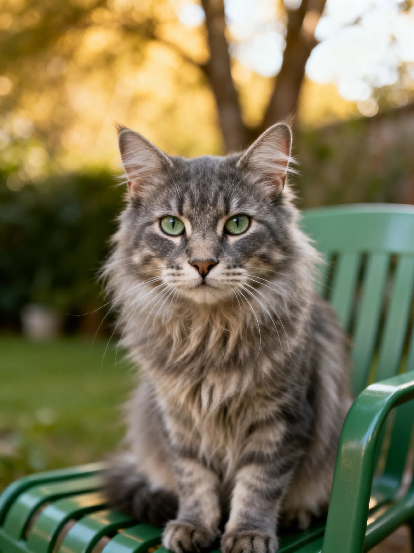 A gray cat with green eyes relaxes on a green chair in a sunlit outdoor area