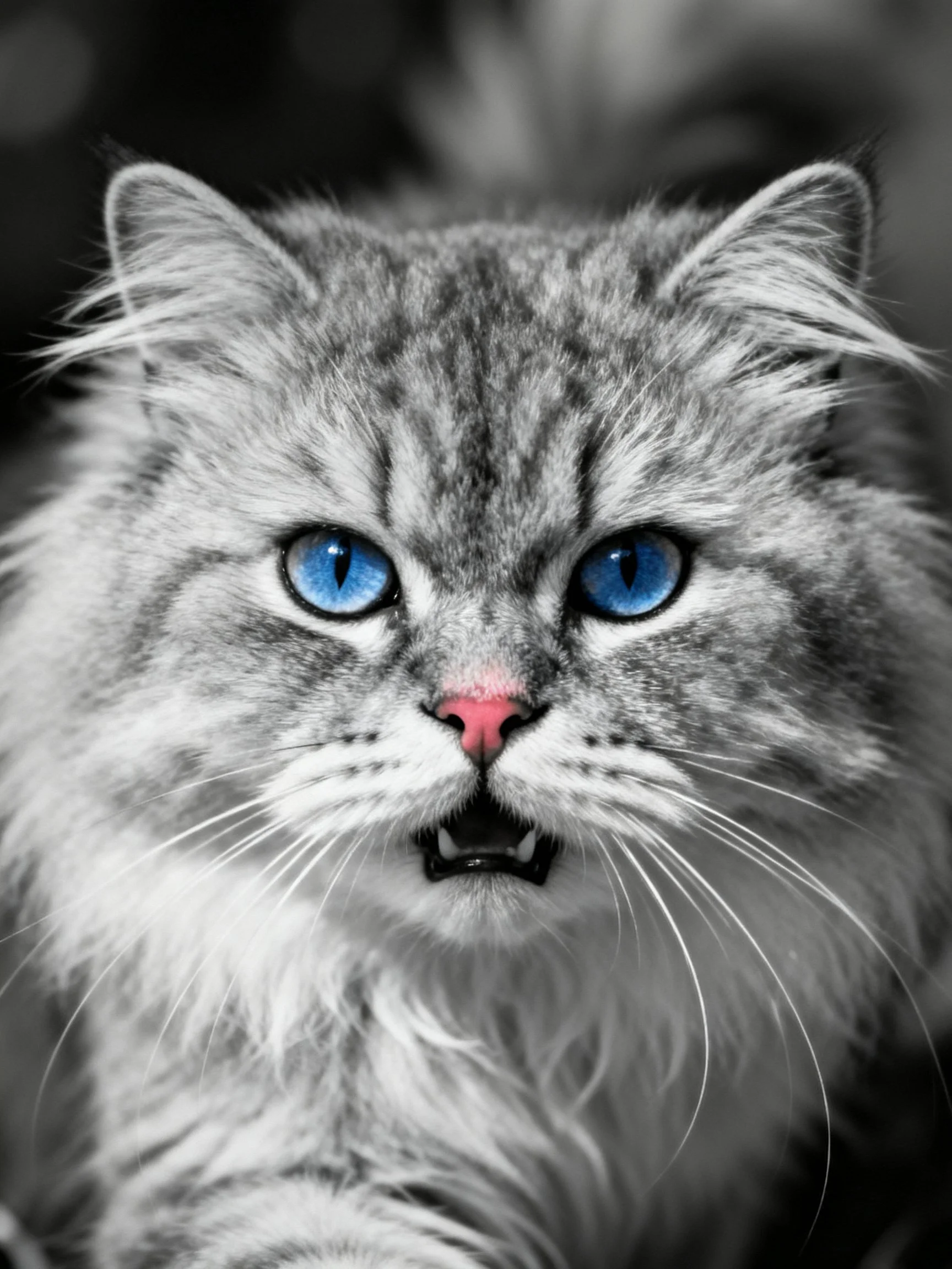 A fluffy gray cat with striking blue eyes and pink nose