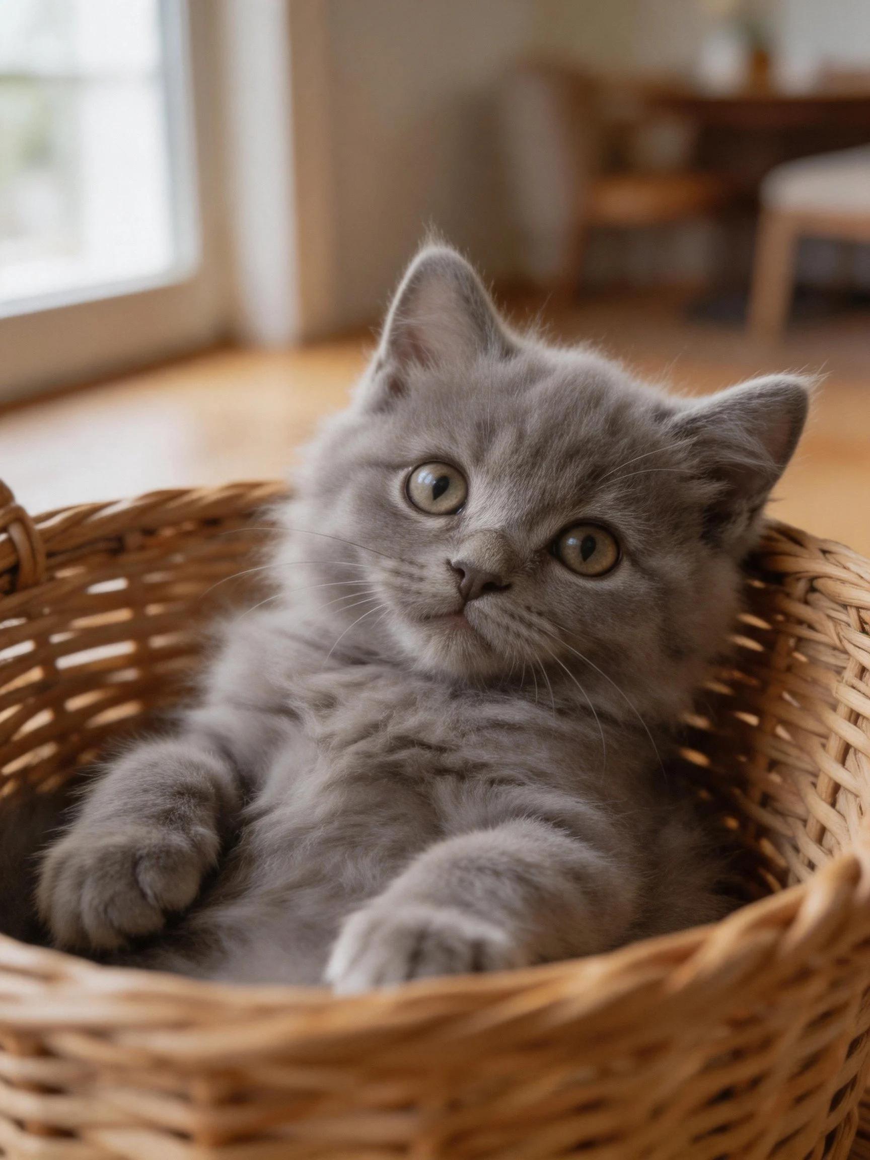 A fluffy gray kitten resting in a woven wicker basket