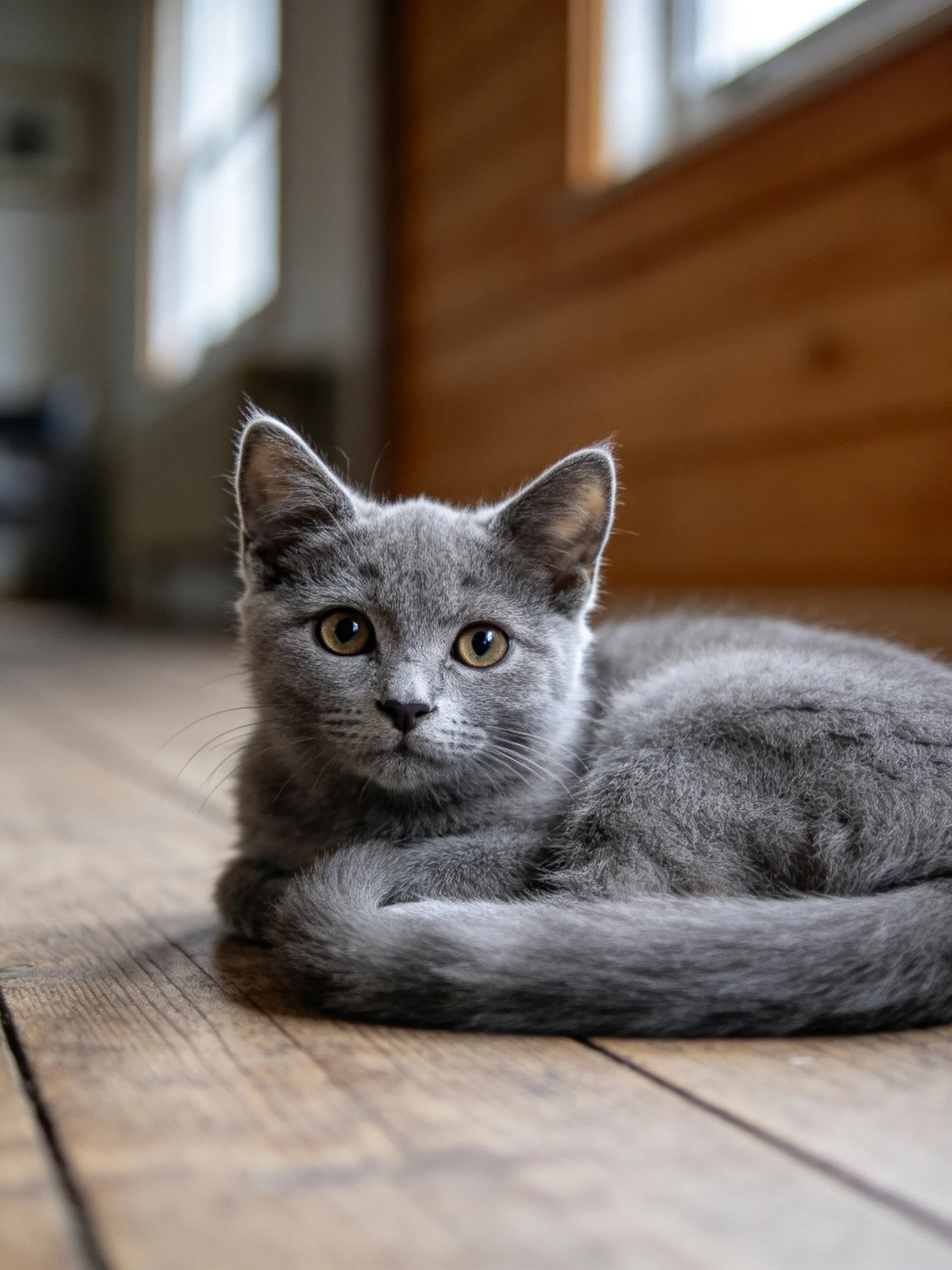 A fluffy gray kitten rests on a wooden floor in a cozy room