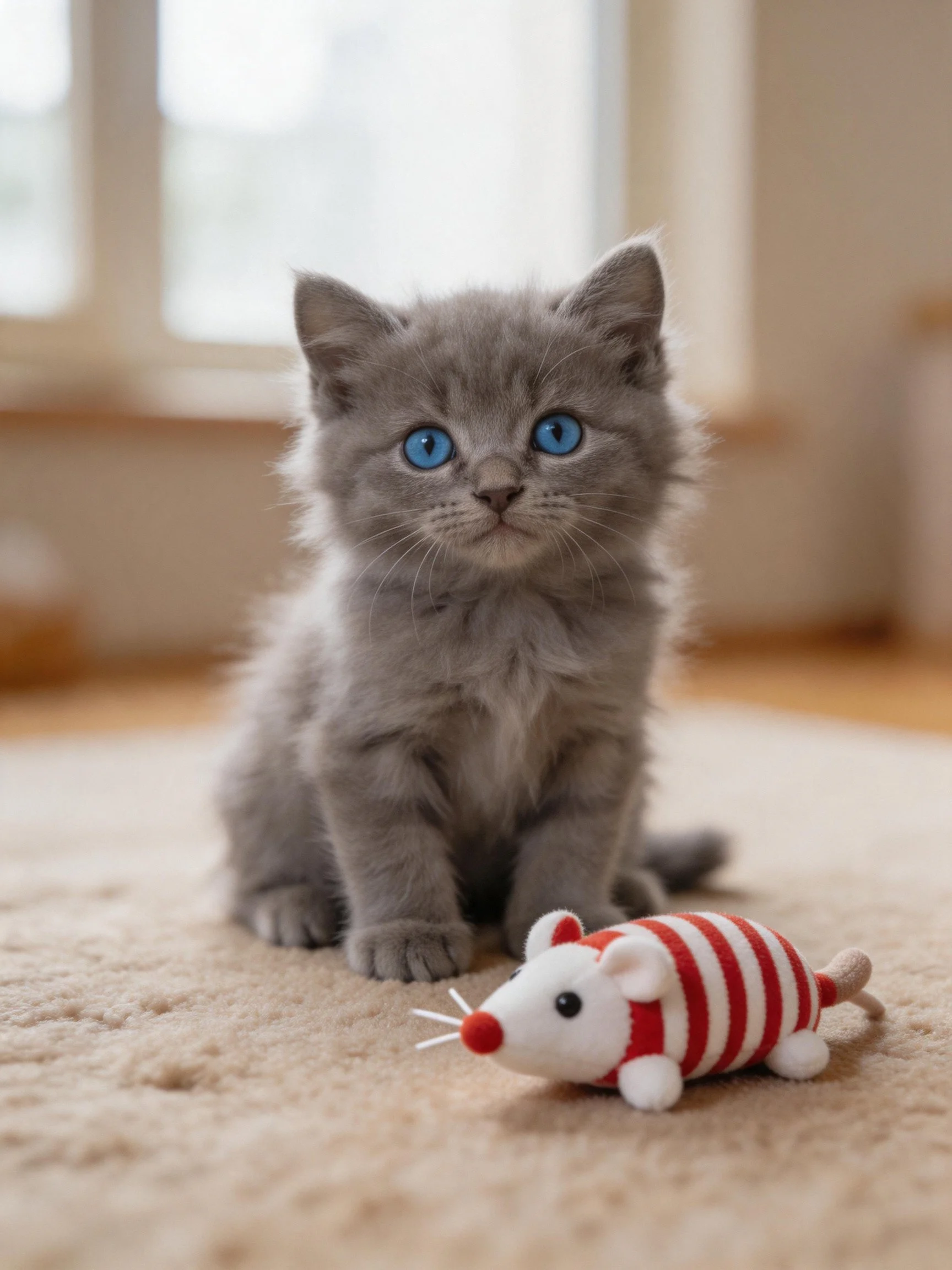 A gray kitten with bright blue eyes sits near a red - white striped toy mouse indoors.