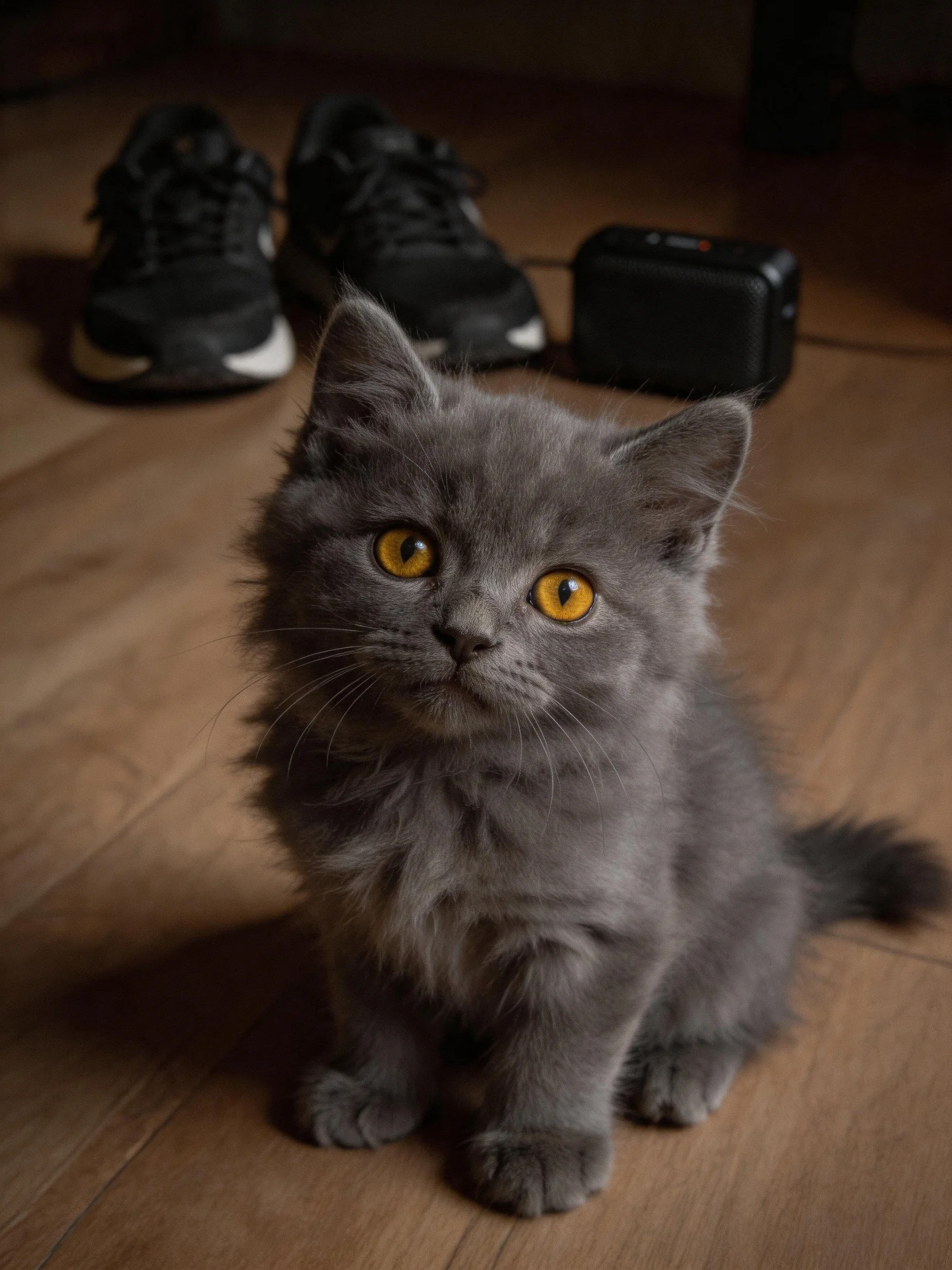 A fluffy gray kitten sits near black sneakers and a camera indoors