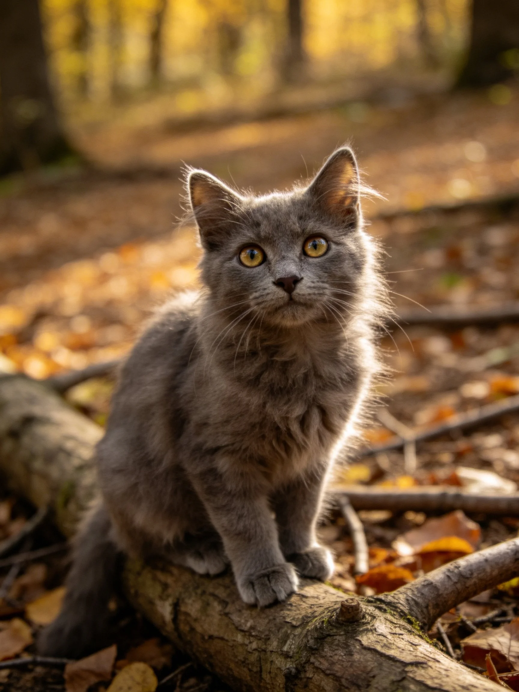 A fluffy gray kitten sits on a log surrounded by autumn leaves in a sunlit forest.