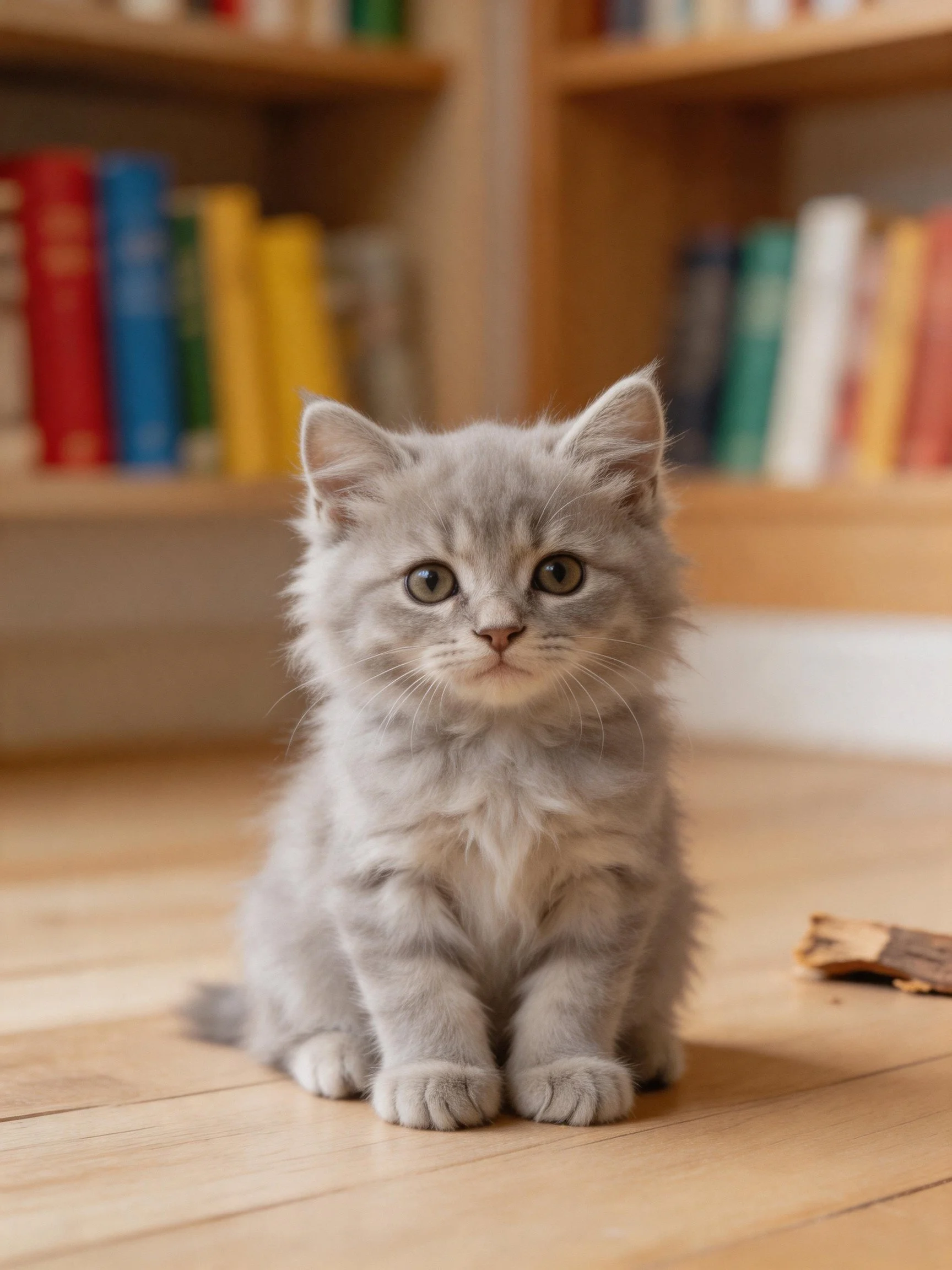 A fluffy gray kitten sits calmly on a wooden floor with bookshelvesbehind.