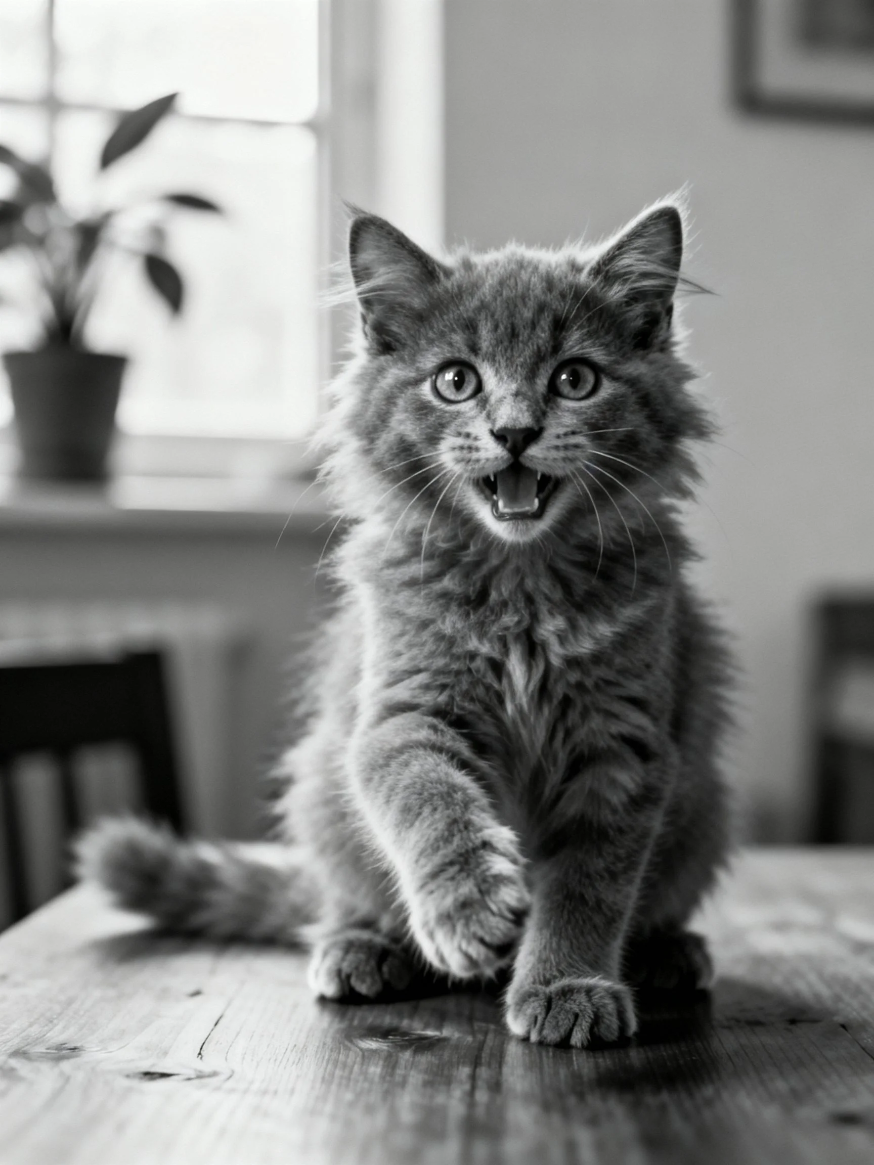 A fluffy gray kitten poses on a wooden table in a black - and - white interior.